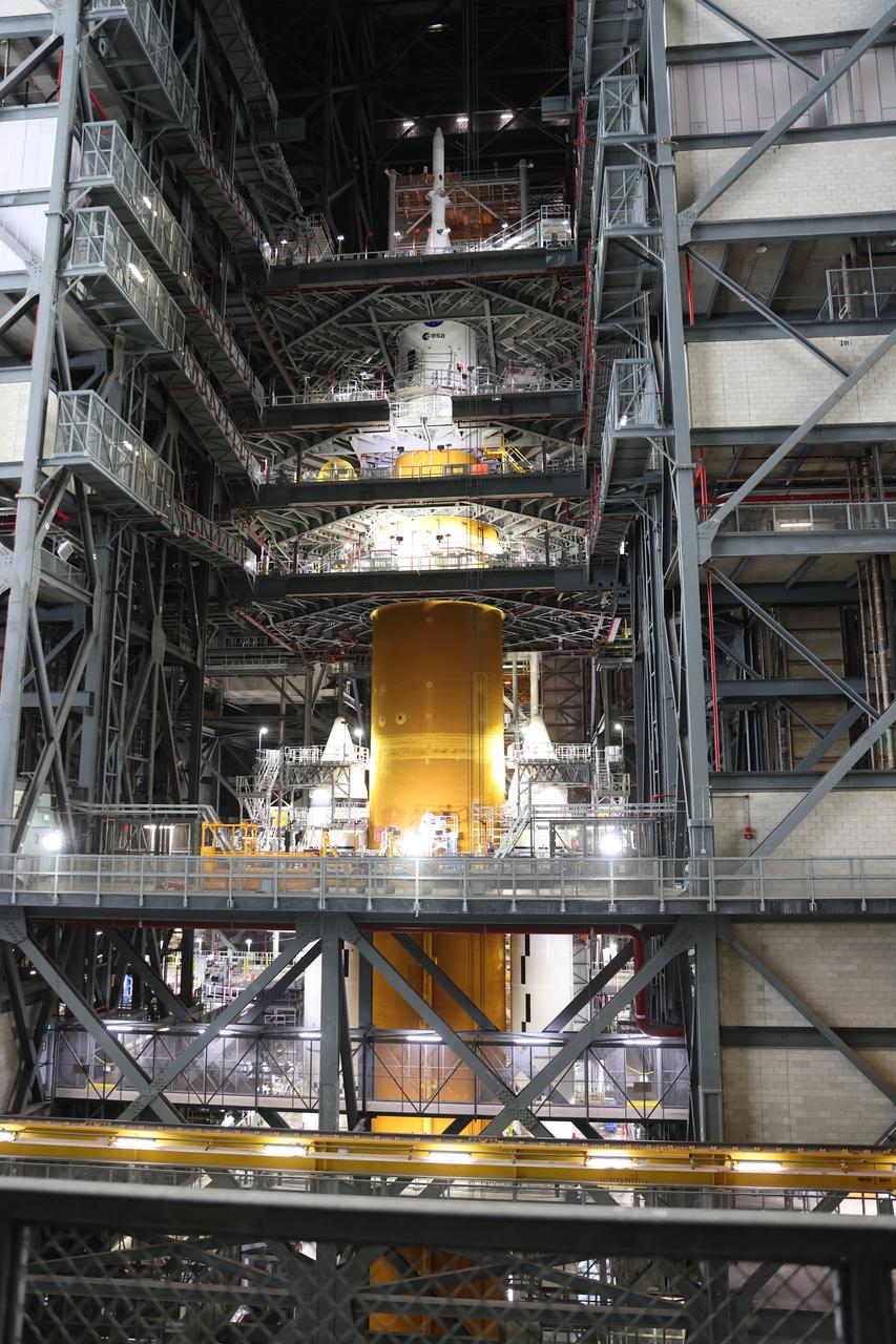 NASA Space Launch System (SLS) rocket and Orion spacecraft for Artemis I are in view inside High Bay 3 of the Vehicle Assembly Building at the agency’s NASA’s Kennedy Space Center in Florida on Aug. 3, 2022. Artemis I will be the first integrated test of the SLS and Orion spacecraft. In later missions, NASA will land the first woman and the first person of color on the surface of the Moon, paving the way for a long-term lunar presence and serving as a steppingstone on the way to Mars. 