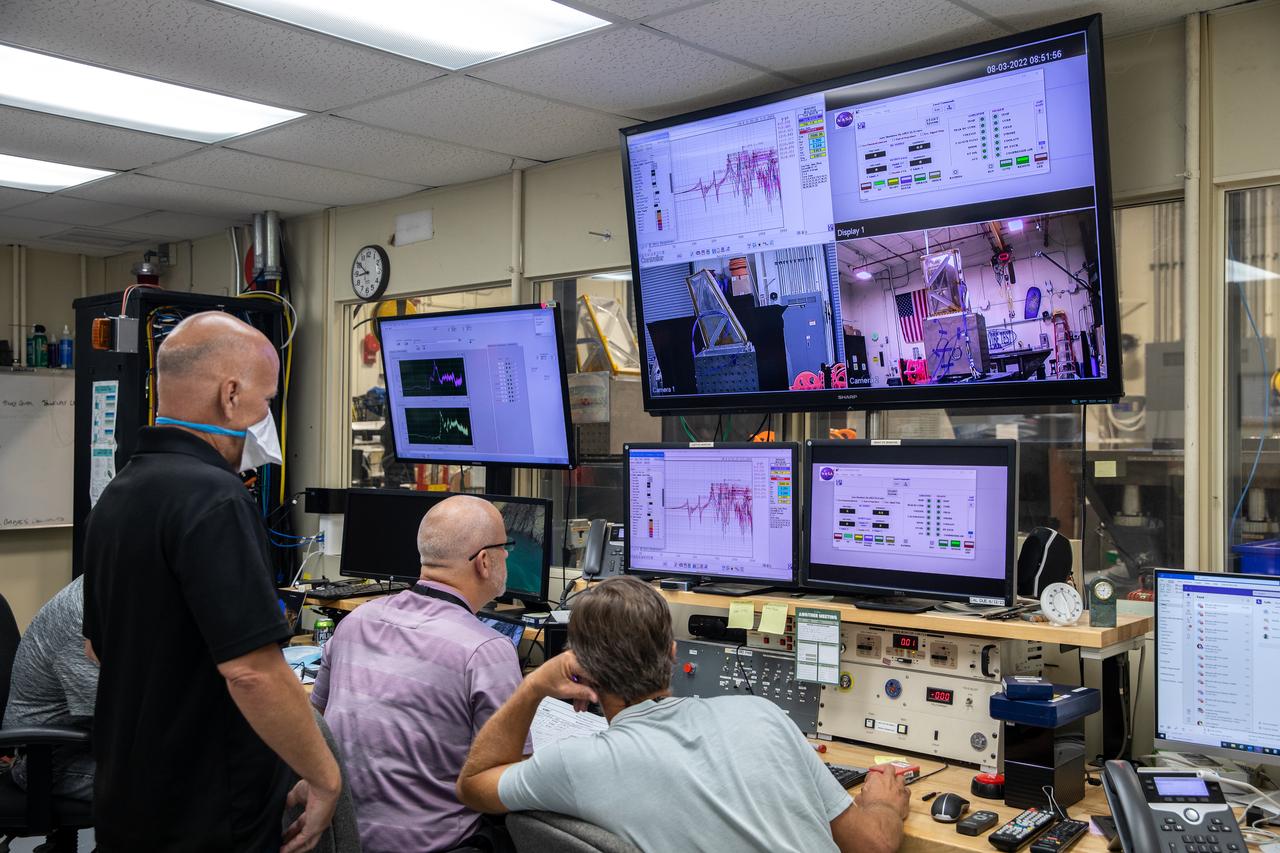 Engineers at NASA’s Kennedy Space Center monitor the Mass Spectrometer observing lunar operations (MSolo) instrument as it undergoes vibration testing inside the Florida spaceport’s Cryogenics Laboratory on Aug. 3, 2022. MSolo is a commercial off-the-shelf mass spectrometer modified to work in space and will help analyze the chemical makeup of landing sites on the Moon, as well as study water on the lunar surface. Researchers and engineers are preparing MSolo instruments to launch on four robotic missions as part of NASA’s Commercial Lunar Payload Services (CLPS) – commercial deliveries that will perform science experiments, test technologies, and demonstrate capabilities to help NASA explore the Moon and prepare for crewed missions to the lunar surface. This particular MSolo instrument is slated to fly on the agency’s Polar Resources Ice Mining Experiment-1 (PRIME-1) mission – the first in-situ resource utilization demonstration on the Moon – as part of the agency’s CLPS initiative.