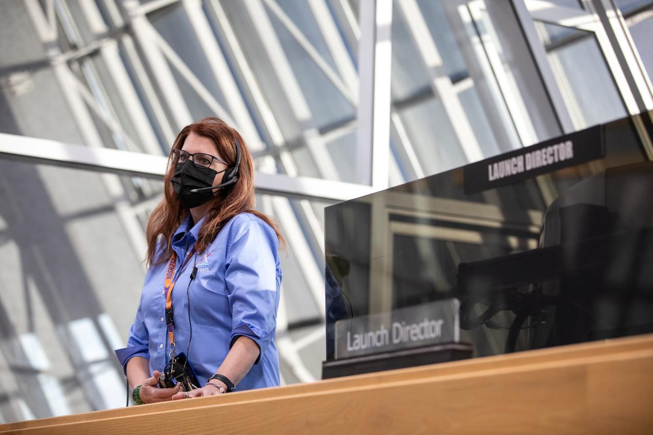 Artemis teams conduct the final simulation for the Artemis I mission inside the Launch Control Center at NASA’s Kennedy Space Center in Florida on Aug. 4, 2022. Artemis I will be the first integrated test of NASA’s Space Launch System (SLS) rocket and Orion spacecraft. During the flight, Orion will launch atop the most powerful rocket in the world and fly farther than any spacecraft for humans has ever flown. The spacecraft will stay in space longer than any human spacecraft has without docking to the International Space Station and return home faster than ever before. Shown here is Launch Director Charlie Blackwell-Thompson.