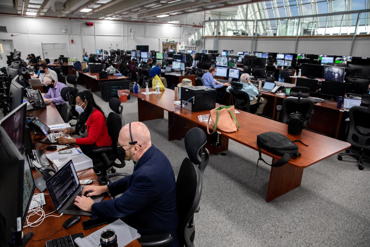 Artemis teams conduct the final simulation for the Artemis I mission inside the Launch Control Center at NASA’s Kennedy Space Center in Florida on Aug. 4, 2022. Artemis I will be the first integrated test of NASA’s Space Launch System (SLS) rocket and Orion spacecraft. During the flight, Orion will launch atop the most powerful rocket in the world and fly farther than any spacecraft for humans has ever flown. The spacecraft will stay in space longer than any human spacecraft has without docking to the International Space Station and return home faster than ever before.