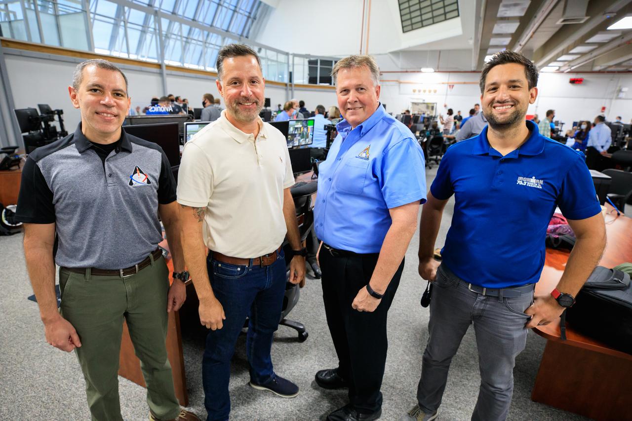 Members of the Artemis I launch team are photographed inside Firing Room 2 of the Rocco A. Petrone Launch Control Center at NASA’s Kennedy Space Center in Florida during a certification ceremony on Aug. 12, 2022. From left are NASA Test Director Danny Zeno, NASA Test Director Carlos Monge, Senior NASA Test Director Jeff Spaulding, and NASA Test Director Dan Florez. The ceremony was held to commemorate the certification of the Artemis I launch team following their launch simulation held in December 2021. During the ceremony, senior members of the launch team handed out certificates to individual team members. The first in an increasingly complex series of missions, Artemis I will test NASA’s Space Launch System rocket and Orion spacecraft as an integrated system prior to crewed flights to the Moon. Through Artemis, NASA will land the first woman and the first person of color on the lunar surface, paving the way for long-term lunar presence and using the Moon as a steppingstone before venturing to Mars.