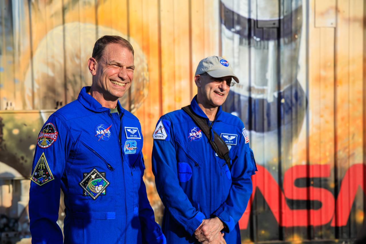 NASA astronaut Stan Love, left, and Don Pettit visit the Kennedy Space Center Press Site on Tuesday, Aug. 16, 2022. Later in the day, NASA’s Space Launch System rocket, with the agency’s Orion spacecraft atop, will roll out from the Florida spaceport’s Vehicle assembly Building to Launch Complex 39B in preparation for the Artemis I launch – targeted for no earlier than Aug. 29. Artemis I will be the first integrated test of the SLS and Orion. In later missions, NASA will land the first woman and the first person of color on the Moon, paving the way for a long-term lunar presence and serving as a steppingstone on the way to Mars.