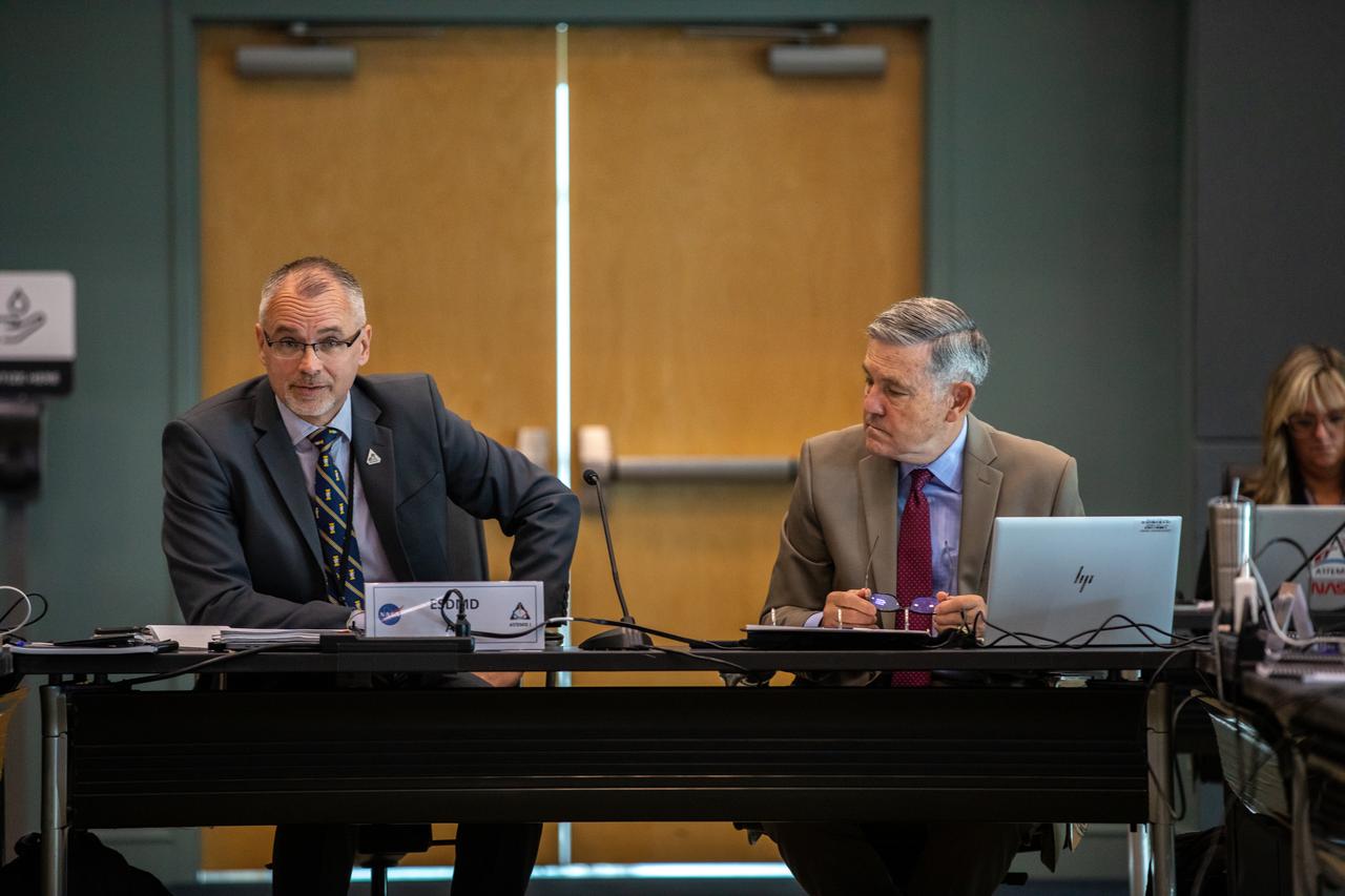 Artemis I managers conduct a Flight Readiness Review (FRR) on Aug. 22, 2022, at NASA’s Kennedy Space Center in Florida. From left are Jim Free, associate administrator for Exploration Systems Development Mission Directorate, NASA Headquarters; and Bob Cabana, NASA associate administrator. The FRR is an in-depth assessment of the readiness of the agency’s Space Launch System and Orion spacecraft to support the uncrewed flight of Artemis I on its mission beyond the Moon and return to Earth. The meeting will conclude later in the day with a poll of all managers. Artemis I is scheduled to launch at 8:33 a.m. EDT on Aug. 29, 2022, from Kennedy’s Launch Complex 39B. The first in a series of increasingly complex missions, Artemis I will provide a foundation for human deep space exploration and demonstrate our commitment and capability to extend human presence to the Moon and beyond. The primary goal of Artemis I is to thoroughly test the integrated systems before crewed missions by operating the spacecraft in a deep space environment, testing Orion’s heat shield, and recovering the crew module after reentry, descent, and splashdown. 