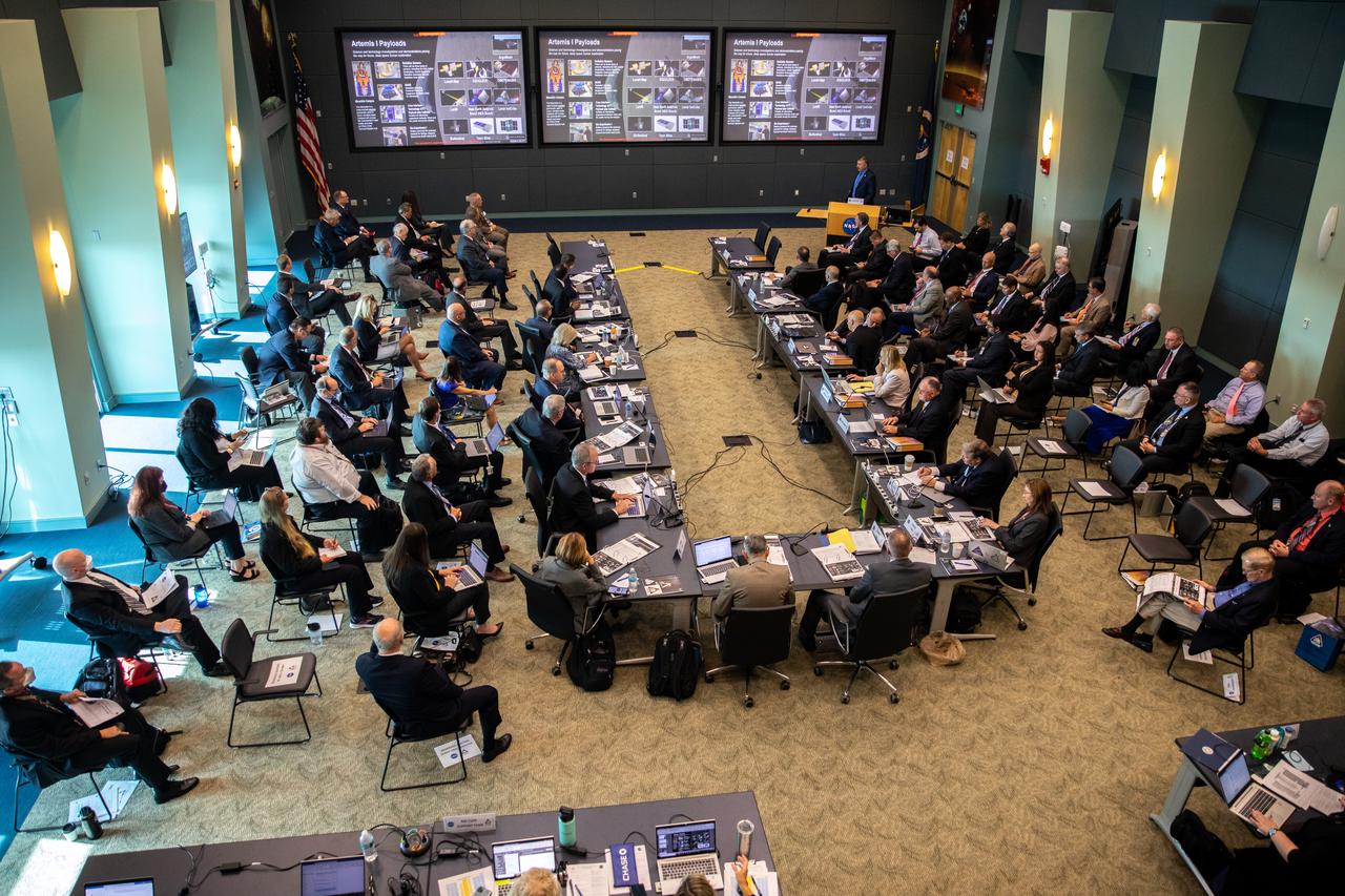 Artemis I managers conduct a Flight Readiness Review (FRR) on Aug. 22, 2022, at NASA’s Kennedy Space Center in Florida. The FRR is an in-depth assessment of the readiness of the agency’s Space Launch System and Orion spacecraft to support the uncrewed flight of Artemis I on its mission beyond the Moon and return to Earth. The meeting will conclude later in the day with a poll of all managers. Artemis I is scheduled to launch at 8:33 a.m. EDT on Aug. 29, 2022, from Kennedy’s Launch Complex 39B. The first in a series of increasingly complex missions, Artemis I will provide a foundation for human deep space exploration and demonstrate our commitment and capability to extend human presence to the Moon and beyond. The primary goal of Artemis I is to thoroughly test the integrated systems before crewed missions by operating the spacecraft in a deep space environment, testing Orion’s heat shield, and recovering the crew module after reentry, descent, and splashdown. 