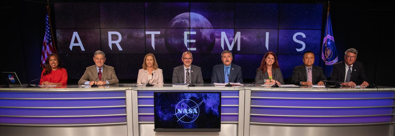 A prelaunch media briefing is held following completion of NASA’s Flight Readiness Review for Artemis I on Aug. 22, 2022, at the agency’s Kennedy Space Center in Florida. Participants are, from left, Megan Cruz, NASA Communications; Bob Cabana, NASA Associate Administrator; Janet Petro, Director, Kennedy Space Center; Jim Free, Associate Administrator, Exploration Systems Development; Mike Sarafin, Mission Manager, Artemis I; Charlie Blackwell-Thompson, Launch Director, Artemis I; Howard Hu, Manager, Orion Program; Chris Cianciola, Deputy Manager, SLS Program. Artemis I is scheduled to launch at 8:33 a.m. EDT on Aug. 29, 2022, from Kennedy’s Launch Complex 39B. The first in a series of increasingly complex missions, Artemis I will provide a foundation for human deep space exploration and demonstrate our commitment and capability to extend human presence to the Moon and beyond. The primary goal of Artemis I is to thoroughly test the integrated systems before crewed missions by operating the spacecraft in a deep space environment, testing Orion’s heat shield, and recovering the crew module after reentry, descent, and splashdown. 