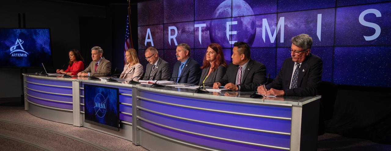 A prelaunch media briefing is held following completion of NASA’s Flight Readiness Review for Artemis I on Aug. 22, 2022, at the agency’s Kennedy Space Center in Florida. Participants are, from left, Megan Cruz, NASA Communications; Bob Cabana, NASA Associate Administrator; Janet Petro, Director, Kennedy Space Center; Jim Free, Associate Administrator, Exploration Systems Development; Mike Sarafin, Mission Manager, Artemis I; Charlie Blackwell-Thompson, Launch Director, Artemis I; Howard Hu, Manager, Orion Program; Chris Cianciola, Deputy Manager, SLS Program. Artemis I is scheduled to launch at 8:33 a.m. EDT on Aug. 29, 2022, from Kennedy’s Launch Complex 39B. The first in a series of increasingly complex missions, Artemis I will provide a foundation for human deep space exploration and demonstrate our commitment and capability to extend human presence to the Moon and beyond. The primary goal of Artemis I is to thoroughly test the integrated systems before crewed missions by operating the spacecraft in a deep space environment, testing Orion’s heat shield, and recovering the crew module after reentry, descent, and splashdown. 