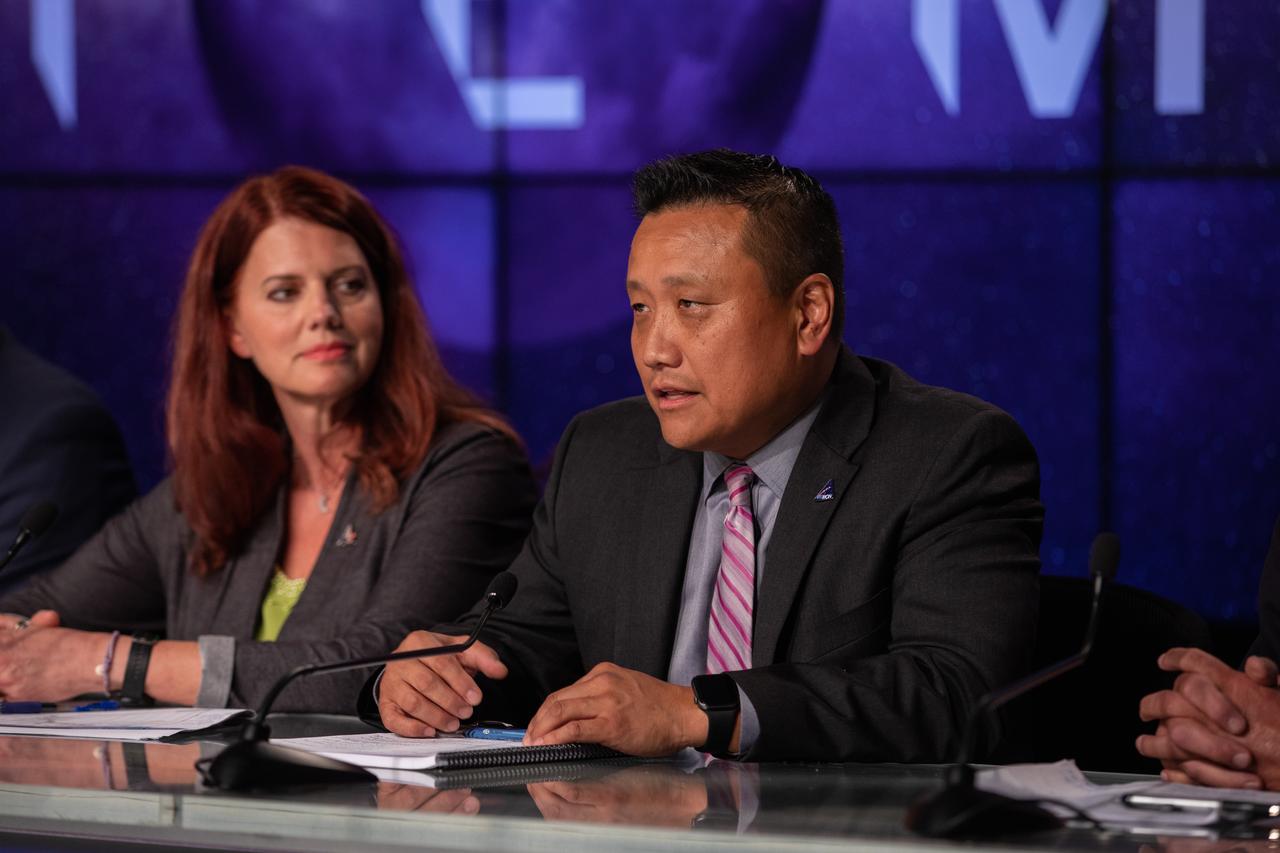 Howard Hu, Orion Program Manager, NASA’s Johnson Space Center, participates in a prelaunch media briefing following completion of NASA’s Flight Readiness Review for Artemis I on Aug. 22, 2022, at the agency’s Kennedy Space Center in Florida. Artemis I is scheduled to launch at 8:33 a.m. EDT on Aug. 29, 2022, from Kennedy’s Launch Complex 39B. The first in a series of increasingly complex missions, Artemis I will provide a foundation for human deep space exploration and demonstrate our commitment and capability to extend human presence to the Moon and beyond. The primary goal of Artemis I is to thoroughly test the integrated systems before crewed missions by operating the spacecraft in a deep space environment, testing Orion’s heat shield, and recovering the crew module after reentry, descent, and splashdown.