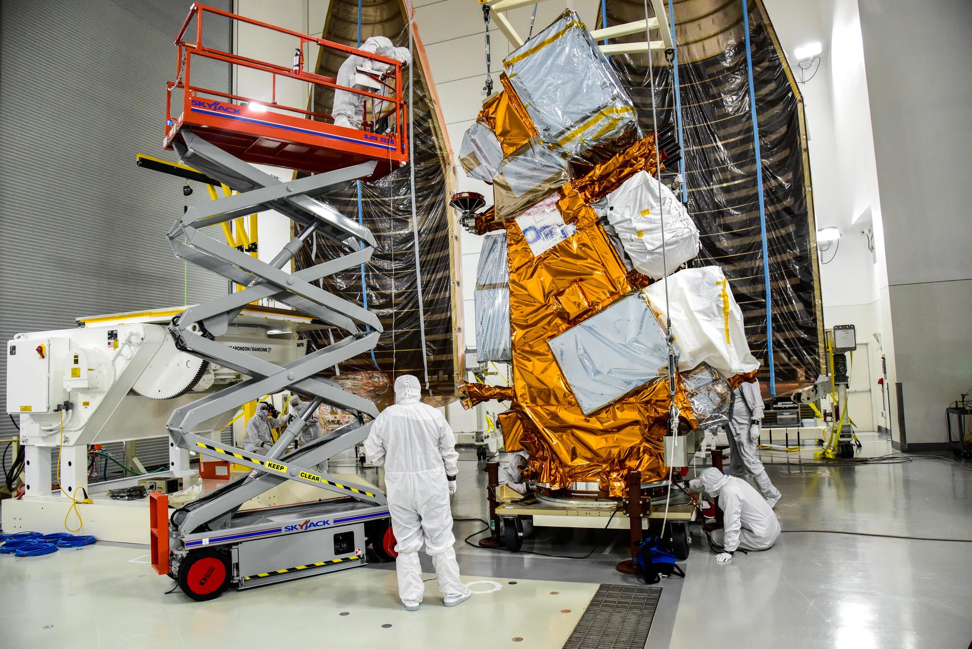 JPSS-2 Spacecraft Move To I&T Cart, Unbagging, Move to Aronson Table