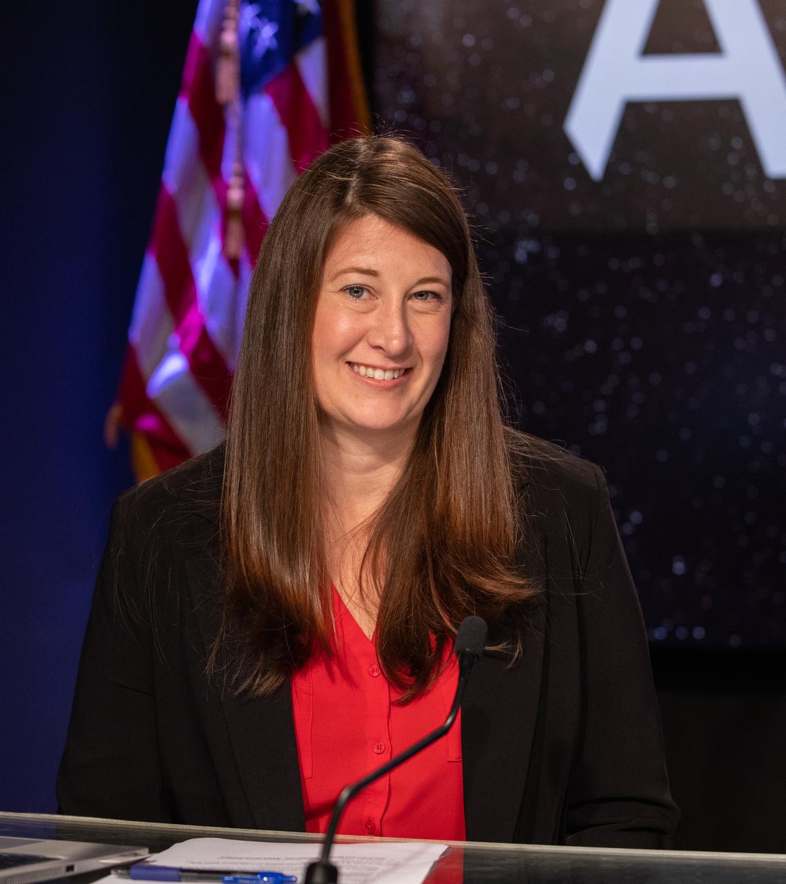 Kathryn Hambleton, NASA Communications, moderates a prelaunch briefing on the role of industry in advancing human exploration on Aug. 26, 2022, at NASA’s Kennedy Space Center in Florida, as the agency prepares for launch of Artemis I scheduled for Aug. 29, at 8:33 a.m. EDT from Kennedy’s Launch Complex 39B. The first in a series of increasingly complex missions, Artemis I will provide a foundation for human deep space exploration and demonstrate our commitment and capability to extend human presence to the Moon and beyond. The primary goal of Artemis I is to thoroughly test the integrated systems before crewed missions by operating the spacecraft in a deep space environment, testing Orion’s heat shield, and recovering the crew module after reentry, descent, and splashdown. 