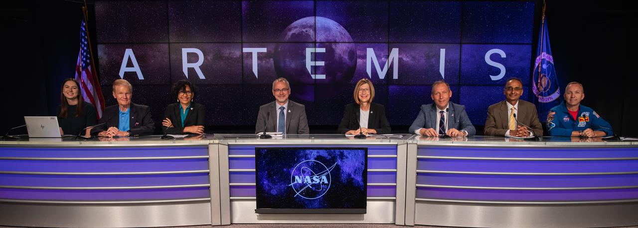 NASA holds a prelaunch media briefing on the agency’s Moon to Mars exploration plans on Aug. 27, 2022, at the agency’s Kennedy Space Center in Florida, as the clock counts down to the launch of Artemis I scheduled for Aug. 29, at 8:33 a.m. EDT from Kennedy’s Launch Complex 39B. From left, are Jackie McGuinness, NASA press secretary; Bill Nelson, NASA administrator; Bhavya Lal, NASA associate administrator for technology, policy and strategy; Jim Free, NASA associate administrator, Exploration Systems Development Mission Directorate; Kathy Lueders, NASA associate administrator, Space Operations Mission Directorate; Thomas Zurbuchen, NASA associate administrator, Science Mission Directorate; Prasun Desai, NASA deputy associate administrator, Space Technology Mission Directorate; and Randy Bresnik, NASA astronaut. The first in a series of increasingly complex missions, Artemis I will provide a foundation for human deep space exploration and demonstrate our commitment and capability to extend human presence to the Moon and beyond. The primary goal of Artemis I is to thoroughly test the integrated systems before crewed missions by operating the spacecraft in a deep space environment, testing Orion’s heat shield, and recovering the crew module after reentry, descent, and splashdown.