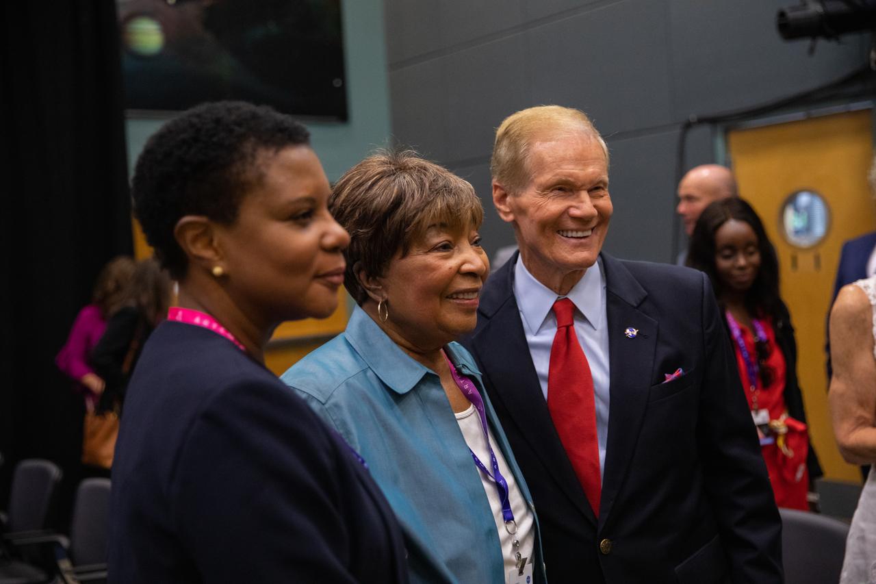 NASA Administrator Bill Nelson, far right, visits with Congresswoman (TX) Eddie Bernice Johnson, center, during launch countdown activities for NASA’s Artemis I mission on Aug. 29, 2022, at the agency’s Kennedy Space Center in Florida. The launch was waved off for the day. The first in a series of increasingly complex missions, Artemis I will provide a foundation for human deep space exploration and demonstrate our commitment and capability to extend human presence to the Moon and beyond. The primary goal of Artemis I is to thoroughly test the integrated systems before crewed missions by operating the spacecraft in a deep space environment, testing Orion’s heat shield, and recovering the crew module after reentry, descent, and splashdown. 