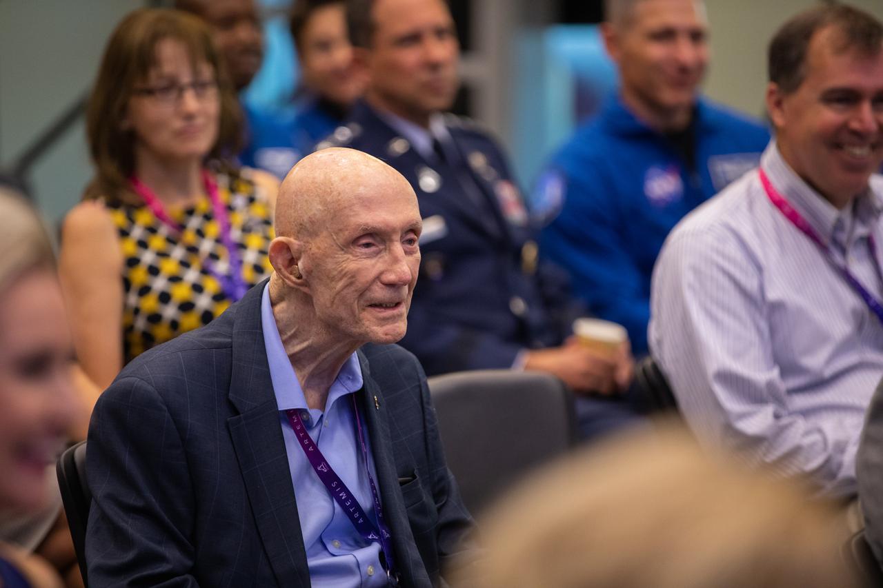 Former NASA astronaut Gen. Tom Stafford attends an Artemis I guest briefing during launch countdown activities on Aug. 29, 2022, at the agency’s Kennedy Space Center in Florida. The launch was waved off for the day. The first in a series of increasingly complex missions, Artemis I will provide a foundation for human deep space exploration and demonstrate our commitment and capability to extend human presence to the Moon and beyond. The primary goal of Artemis I is to thoroughly test the integrated systems before crewed missions by operating the spacecraft in a deep space environment, testing Orion’s heat shield, and recovering the crew module after reentry, descent, and splashdown. 