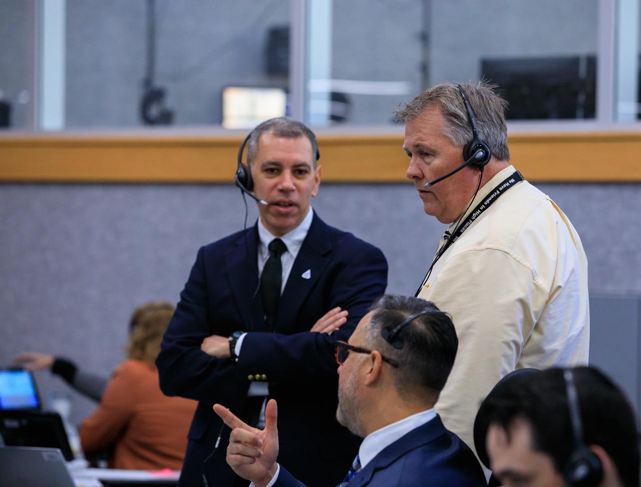 Senior NASA Test Directors Danny Zeno, at left, and Jeff Spaulding monitor Artemis I countdown events inside Firing Room 1 of the Rocco A. Petrone Launch Control Center at NASA’s Kennedy Space Center in Florida on Aug. 29, 2022. Launch of the agency’s Space Launch System and Orion spacecraft was waved off due to an issue during tanking. Launch is now no earlier than Sept. 3, at 2:17 p.m. EDT from Kennedy’s Launch Complex 39B. The first in a series of increasingly complex missions, Artemis I will provide a foundation for human deep space exploration and demonstrate our commitment and capability to extend human presence to the Moon and beyond. The primary goal of Artemis I is to thoroughly test the integrated systems before crewed missions by operating the spacecraft in a deep space environment, testing Orion’s heat shield, and recovering the crew module after reentry, descent, and splashdown. 