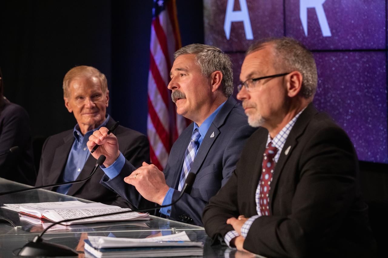 A press conference is held on Aug. 29, 2022, at NASA’s Kennedy Space Center in Florida, after waving-off of the launch of the agency’s Artemis I mission. Participants from left, are NASA Administrator Bill Nelson; Mike Sarafin, Artemis mission manager, NASA Headquarters; and Jim Free, associate administrator for Exploration Systems Development Mission Directorate, NASA Headquarters. The first in a series of increasingly complex missions, Artemis I will provide a foundation for human deep space exploration and demonstrate our commitment and capability to extend human presence to the Moon and beyond. The primary goal of Artemis I is to thoroughly test the integrated systems before crewed missions by operating the spacecraft in a deep space environment, testing Orion’s heat shield, and recovering the crew module after reentry, descent, and splashdown.