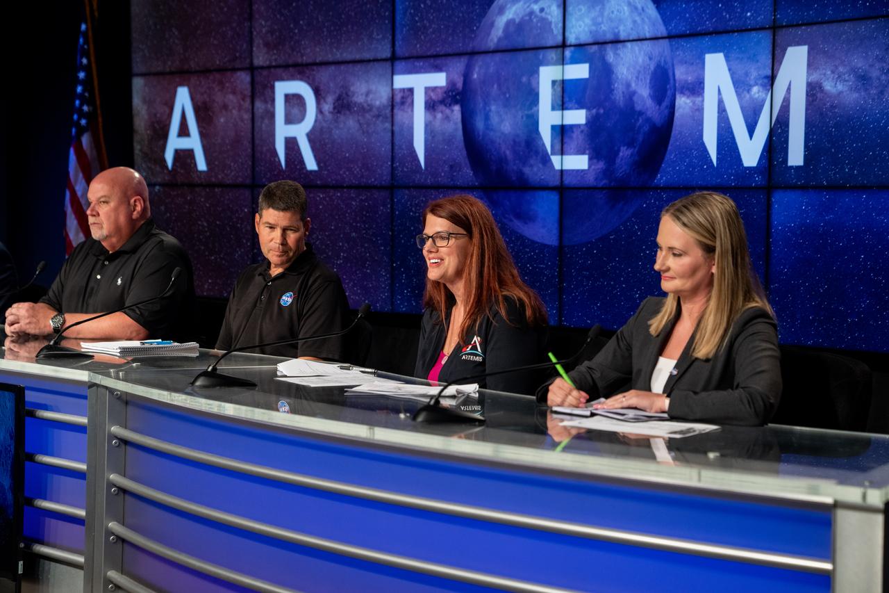 A prelaunch media briefing is held following a mission management team meeting for Artemis I on Sept. 1, 2022, at NASA’s Kennedy Space Center in Florida. Participants are, from left, John Honeycutt, Space Launch System (SLS) program manager; John Blevins, SLS chief engineer; Charlie Blackwell-Thompson, Artemis launch director; and Melody Lovin, Space Launch Delta 45 weather officer. Artemis I is scheduled to launch at 2:17 p.m. EDT on Sept. 3, from Kennedy’s Launch Complex 39B. Launch was waved off on Aug. 29 due to an issue during tanking. The first in a series of increasingly complex missions, Artemis I will provide a foundation for human deep space exploration and demonstrate NASA’s capability to extend human presence to the Moon and beyond. The primary goal of Artemis I is to thoroughly test the integrated systems before crewed missions by operating the spacecraft in a deep space environment, testing Orion’s heat shield, and recovering the crew module after reentry, descent, and splashdown.