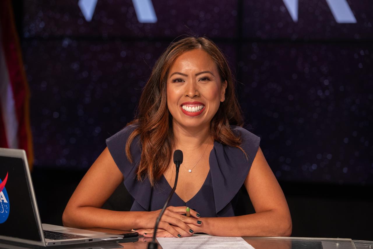 Megan Cruz, NASA Communications, moderates a prelaunch media briefing on the status of the Artemis I countdown on Sept. 2, 2022, at NASA’s Kennedy Space Center in Florida. Artemis I is scheduled to launch at 2:17 p.m. EDT on Sept. 3, from Kennedy’s Launch Complex 39B. Launch was waved off on Aug. 29 due to an issue during tanking. The first in a series of increasingly complex missions, Artemis I will provide a foundation for human deep space exploration and demonstrate NASA’s capability to extend human presence to the Moon and beyond. The primary goal of Artemis I is to thoroughly test the integrated systems before crewed missions by operating the spacecraft in a deep space environment, testing Orion’s heat shield, and recovering the crew module after reentry, descent, and splashdown.