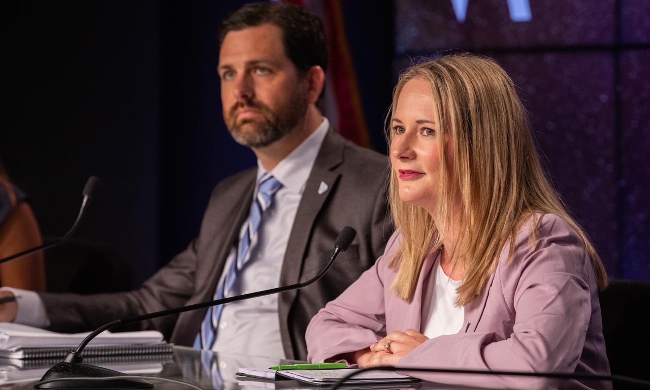 From left, Jeremy Parsons, Exploration Ground Systems, deputy program manager, NASA Kennedy; and Melody Lovin, weather officer, Space Launch Delta 45, participate in a prelaunch media briefing on the status of the Artemis I countdown on Sept. 2, 2022, at NASA’s Kennedy Space Center in Florida. Artemis I is scheduled to launch at 2:17 p.m. EDT on Sept. 3, from Kennedy’s Launch Complex 39B. Launch was waved off on Aug. 29 due to an issue during tanking. The first in a series of increasingly complex missions, Artemis I will provide a foundation for human deep space exploration and demonstrate NASA’s capability to extend human presence to the Moon and beyond. The primary goal of Artemis I is to thoroughly test the integrated systems before crewed missions by operating the spacecraft in a deep space environment, testing Orion’s heat shield, and recovering the crew module after reentry, descent, and splashdown. 