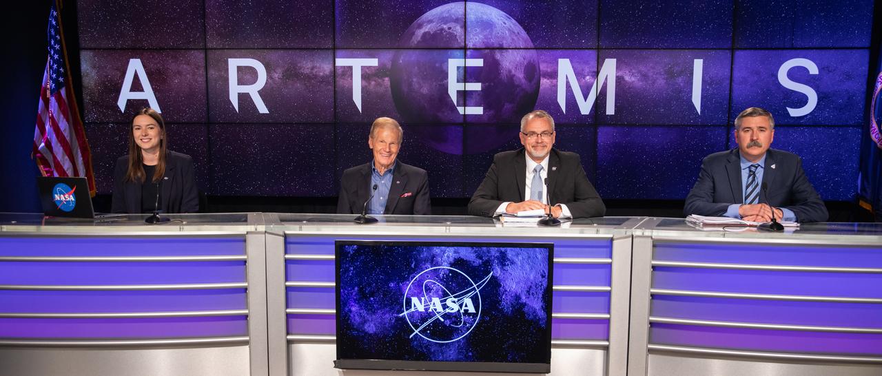 A news conference is held Sept. 3, 2022, at NASA’s Kennedy Space Center in Florida, after launch of Artemis I was waived off from Kennedy’s Launch Complex 39B. Teams encountered a liquid hydrogen leak while loading propellant into the core stage of the Space Launch System rocket. Participants are, from left, Jackie McGuinness, NASA press secretary; Bill Nelson, NASA administrator; Jim Free, associate administrator for NASA’s Exploration Systems Development Mission Directorate; and Mike Sarafin, Artemis mission manager. The first in a series of increasingly complex missions, Artemis I will provide a foundation for human deep space exploration and demonstrate our commitment and capability to extend human presence to the Moon and beyond. The primary goal of Artemis I is to thoroughly test the integrated systems before crewed missions by operating the spacecraft in a deep space environment, testing Orion’s heat shield, and recovering the crew module after reentry, descent, and splashdown.