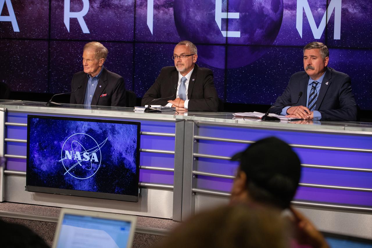 A news conference is held Sept. 3, 2022, at NASA’s Kennedy Space Center in Florida, after launch of Artemis I was waived off from Kennedy’s Launch Complex 39B. Teams encountered a liquid hydrogen leak while loading propellant into the core stage of the Space Launch System rocket. Participants are, from left, Bill Nelson, NASA administrator; Jim Free, associate administrator for NASA’s Exploration Systems Development Mission Directorate; and Mike Sarafin, Artemis mission manager. The first in a series of increasingly complex missions, Artemis I will provide a foundation for human deep space exploration and demonstrate our commitment and capability to extend human presence to the Moon and beyond. The primary goal of Artemis I is to thoroughly test the integrated systems before crewed missions by operating the spacecraft in a deep space environment, testing Orion’s heat shield, and recovering the crew module after reentry, descent, and splashdown.