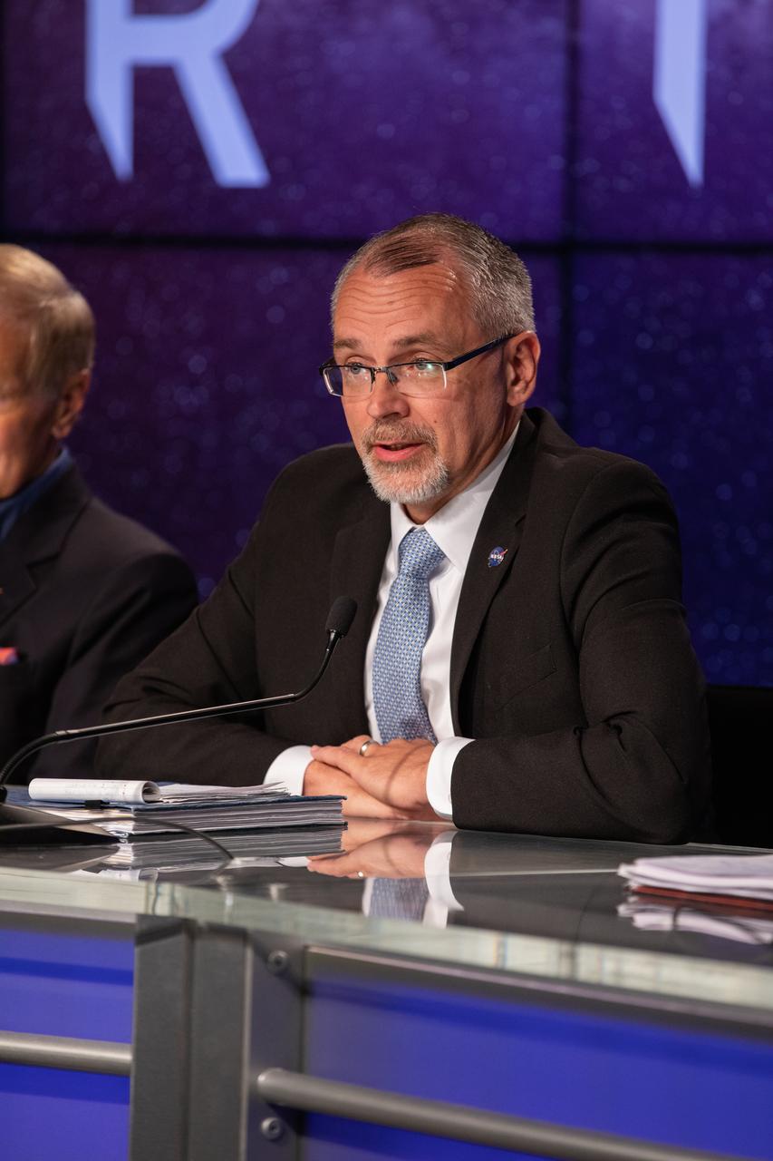 Jim Free, associate administrator for NASA’s Exploration Systems Development Mission Directorate, participates in a news conference Sept. 3, 2022, at NASA’s Kennedy Space Center in Florida, after launch of Artemis I was waived off from Kennedy’s Launch Complex 39B. Teams encountered a liquid hydrogen leak while loading propellant into the core stage of the Space Launch System rocket. The first in a series of increasingly complex missions, Artemis I will provide a foundation for human deep space exploration and demonstrate our commitment and capability to extend human presence to the Moon and beyond. The primary goal of Artemis I is to thoroughly test the integrated systems before crewed missions by operating the spacecraft in a deep space environment, testing Orion’s heat shield, and recovering the crew module after reentry, descent, and splashdown. 