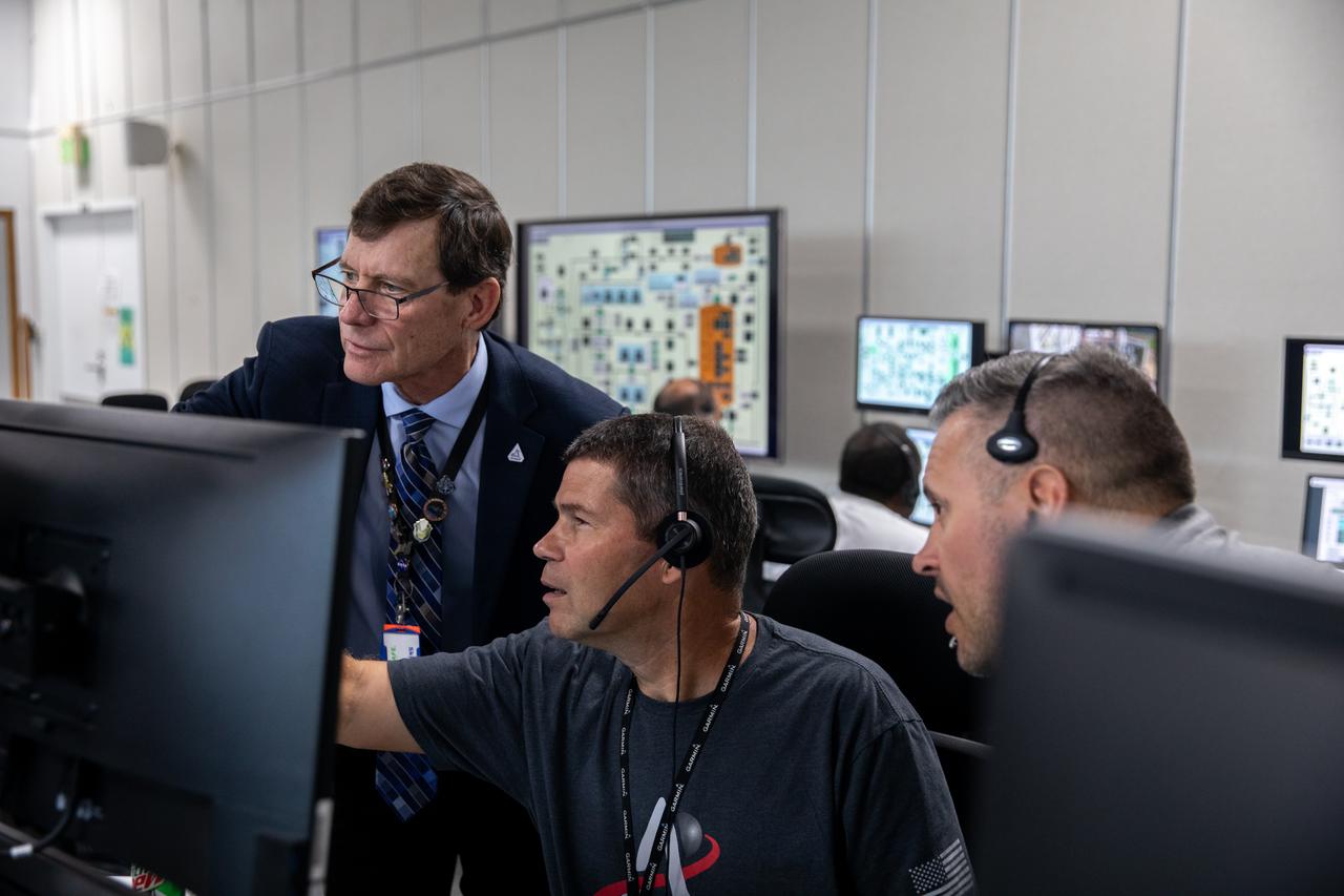 Members of the Artemis I launch team monitor data at their consoles inside Firing Room 1 of the Rocco A. Petrone Launch Control Center at NASA’s Kennedy Space Center in Florida during a cryogenic propellant tanking demonstration on Sept. 21, 2022. The first in a series of increasingly complex missions, Artemis I will provide a foundation for human deep space exploration and demonstrate our commitment and capability to extend human presence to the Moon and beyond. The primary goal of Artemis I is to thoroughly test the integrated systems before crewed missions by operating the spacecraft in a deep space environment, testing Orion’s heat shield, and recovering the crew module after reentry, descent, and splashdown. 