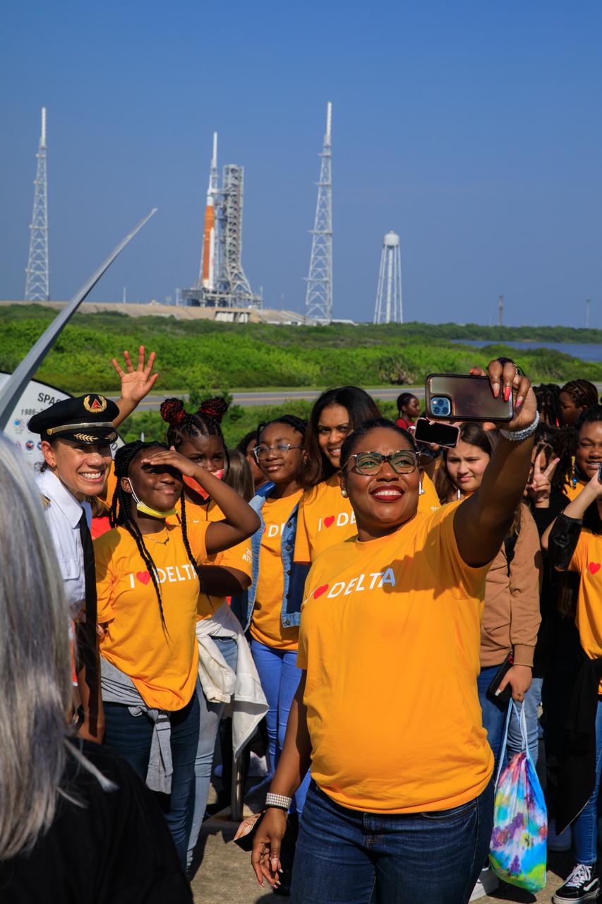 A group of girls pose for a selfie in front of NASA’s Artemis I Moon rocket at Launch Pad 39B at the agency’s Kennedy Space Center in Florida on Sept. 23, 2022. As part of Delta Air Lines’ Women Inspiring Our Next Generation (WING) program, an all-female crew flew girls from a variety of Atlanta, Georgia area schools and organizations with a STEM (science, technology, engineering, math) focus to Kennedy to learn about the various careers available at the Florida spaceport. While at Kennedy, the group also had the opportunity to hear from a panel of 18 women with a combination of careers from Kennedy and Delta and tour the visitor complex.