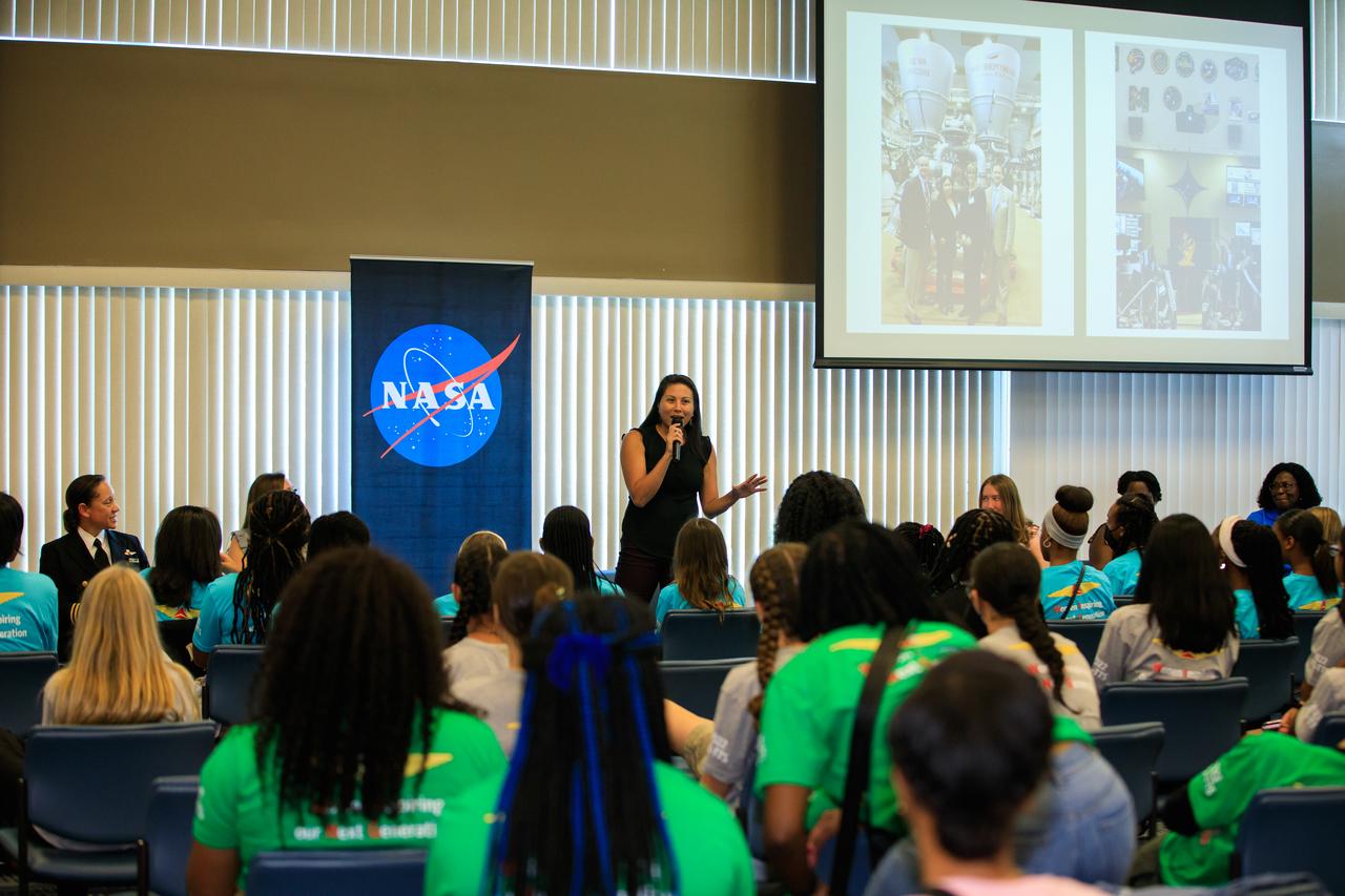 Josephine Pereira, Kennedy Space Center’s chief of Workforce Strategy and Development, speaks to students who were brought to Kennedy on Delta Air Lines’ Women Inspiring Our Next Generation (WING) flight from Atlanta, Georgia, on Sept. 23, 2022. An all-female crew flew girls from a variety of schools and organizations with a STEM (science, technology, engineering, math) focus to Kennedy to learn about the various careers available at the Florida spaceport. While at Kennedy, the group had the opportunity to view NASA’s Artemis I Moon rocket at Launch Pad 39B, hear from a panel of 18 women with a combination of careers from Kennedy and Delta, and tour the visitor complex.