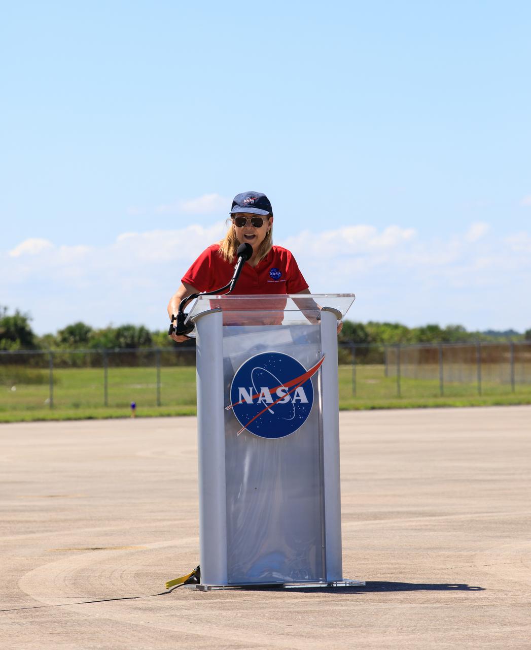 Kennedy Space Center Director Janet Petro speaks to members of the news media during crew arrival for NASA’s SpaceX Crew-5 mission at the Launch and Landing Facility at Kennedy Space Center in Florida on Oct. 1, 2022. The astronauts will launch aboard the Crew Dragon on a SpaceX Falcon 9 rocket on Oct. 5. Launch is targeted for noon EDT from Launch Complex 39A. Crew-5 is the fifth crew rotation mission with SpaceX to the station, and the sixth flight of Dragon with people as part of the agency’s Commercial Crew Program.