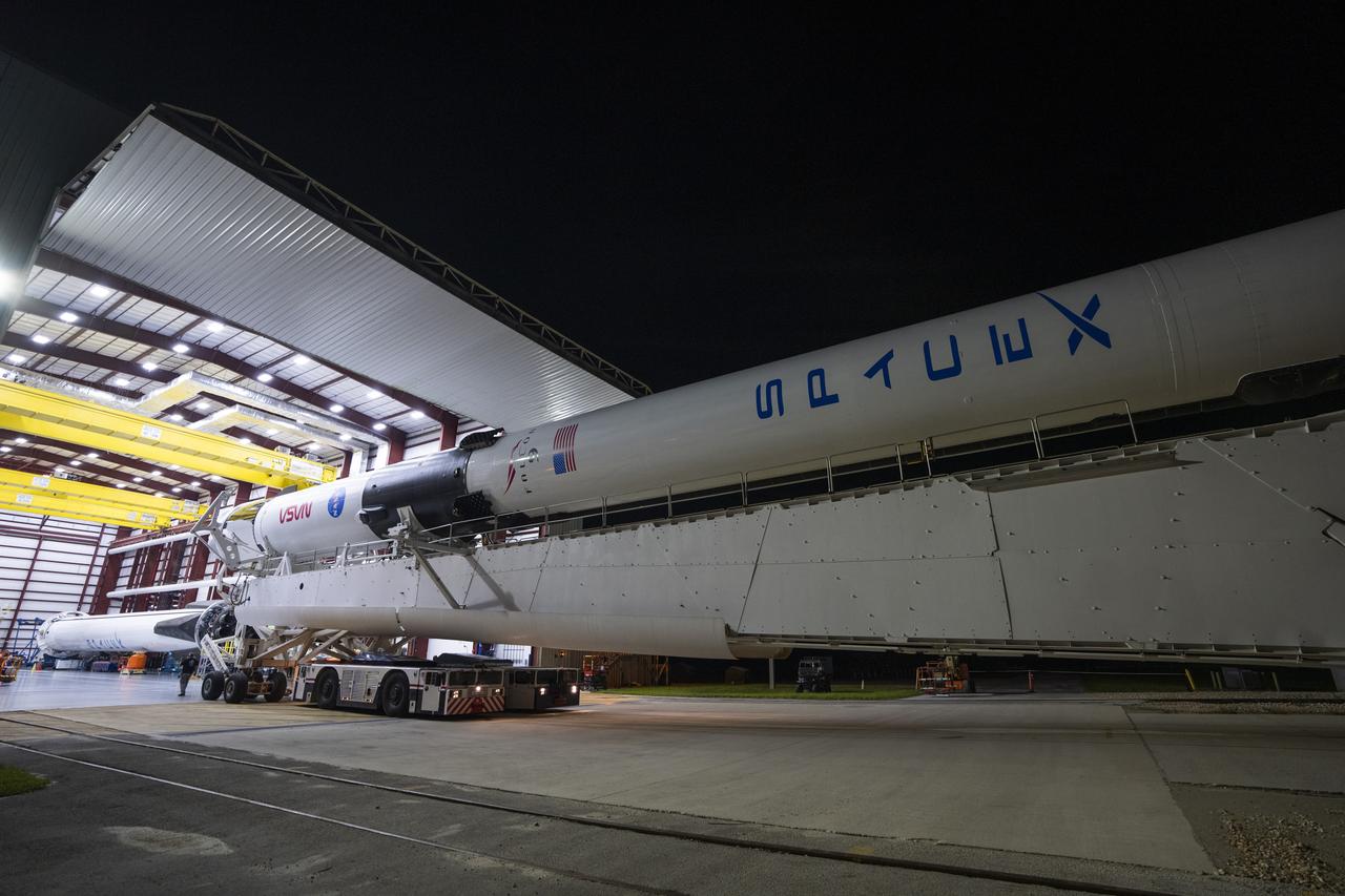 SpaceX’s Falcon 9 rocket, with the Dragon Endurance spacecraft atop, rolls out of the company’s horizontal processing facility on its journey to Launch Complex 39A at the agency’s Kennedy Space Center in Florida on Oct. 1, 2022, for NASA’s SpaceX Crew-5 launch. Endurance will carry NASA astronauts Nicole Mann, commander; Josh Cassada, pilot; and Mission Specialists Koichi Wakata, of JAXA (Japan Aerospace Exploration Agency), and Roscosmos cosmonaut Anna Kikina to the International Space Station for a science expedition mission as part of NASA’s Commercial Crew Program. Liftoff is targeted for noon EDT on Oct. 5, 2022.