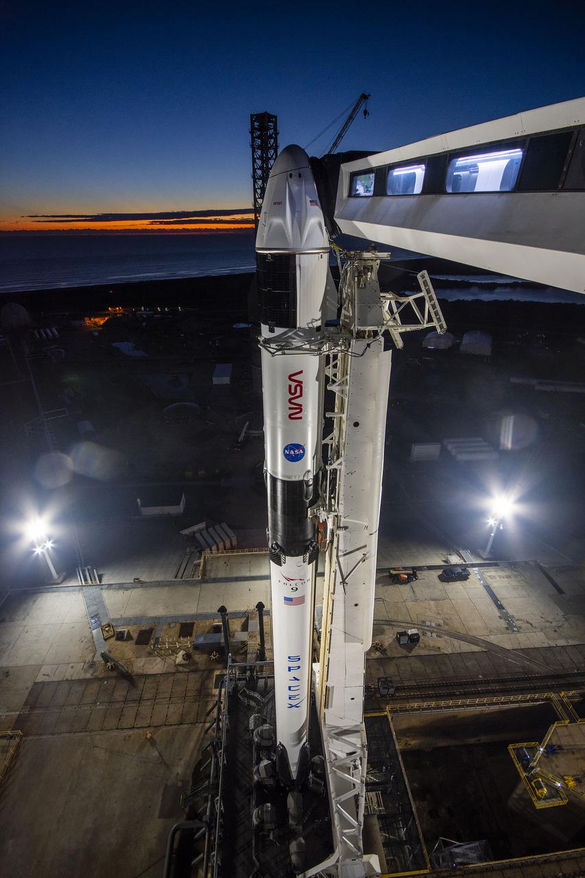 With the beginning stages of a sunrise serving as the backdrop, SpaceX’s Falcon 9 rocket – with the Dragon Endurance spacecraft atop – is vertical at NASA’s Kennedy Space Center Launch Complex 39A in Florida on Oct. 1, 2022, ahead of NASA’s SpaceX Crew-5 launch. Endurance will carry NASA astronauts Nicole Mann, commander; Josh Cassada, pilot; and Mission Specialists Koichi Wakata, of JAXA (Japan Aerospace Exploration Agency), and Roscosmos cosmonaut Anna Kikina to the International Space Station for a science expedition mission as part of NASA’s Commercial Crew Program. Liftoff is targeted for noon EDT on Oct. 5, 2022.