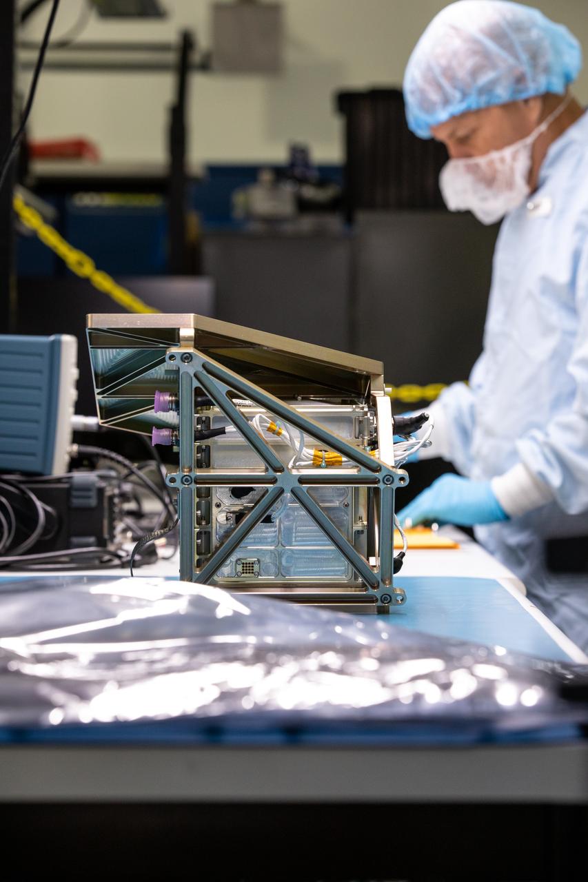 Engineers prepare the Mass Spectrometer Observing Lunar Operations (MSolo) instrument for the multilayer insulation installation inside Kennedy Space Center’s Space Station Processing Facility on Oct. 19, 2022. The activity is in preparation for the Polar Resources Ice Mining Experiment-1 (PRIME-1) mission, which will be the first in-situ resource utilization demonstration on the Moon. MSolo is a commercial off-the-shelf mass spectrometer modified to work in space and will help analyze the chemical makeup of landing sites on the Moon, as well as study water on the lunar surface. Researchers and engineers are preparing MSolo instruments to launch on four robotic missions as part of NASA’s Commercial Lunar Payload Services – commercial deliveries beginning in 2023 that will perform science experiments, test technologies, and demonstrate capabilities to help NASA explore the Moon and prepare for crewed missions to the lunar surface.