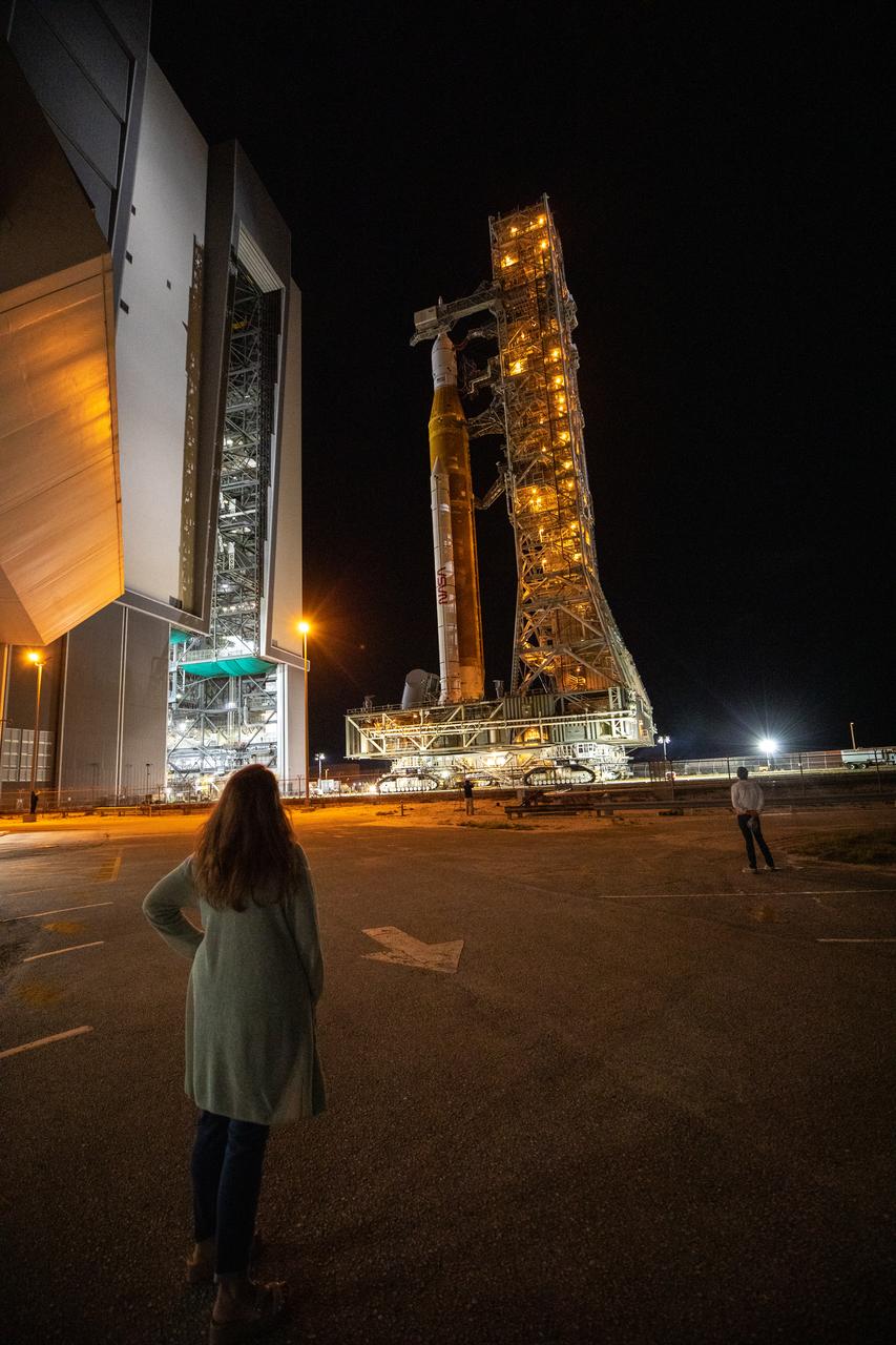 The mobile launcher, with NASA’s Space Launch System (SLS) rocket and Orion spacecraft atop, rolls out of the Vehicle Assembly Building’s High Bay 3 to begin its 4.2-mile journey to Launch Pad 39B at NASA’s Kennedy Space Center in Florida on Nov. 4, 2022. Artemis I will be the first integrated test of NASA’s SLS rocket and Orion spacecraft and is scheduled to launch Monday, Nov. 14. The primary goal of Artemis I is to thoroughly test the integrated systems before crewed missions by launching Orion atop the SLS rocket, operating the spacecraft in a deep space environment, testing Orion’s heat shield, and recovering the crew module after reentry, descent, and splashdown. During the flight, Orion will launch atop the most powerful rocket in the world and fly farther than any human-rated spacecraft has ever flown, paving the way for human deep space exploration and demonstrating our commitment and capability to extend human presence to the Moon and beyond.