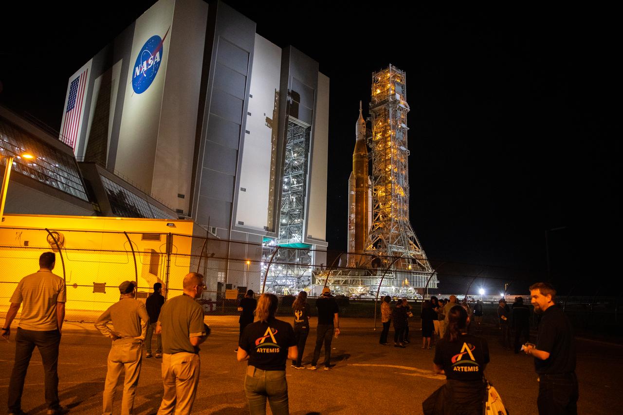 The mobile launcher, with NASA’s Space Launch System (SLS) rocket and Orion spacecraft atop, rolls out of the Vehicle Assembly Building’s High Bay 3 to begin its 4.2-mile journey to Launch Pad 39B at NASA’s Kennedy Space Center in Florida on Nov. 4, 2022. Artemis I will be the first integrated test of NASA’s SLS rocket and Orion spacecraft and is scheduled to launch Monday, Nov. 14. The primary goal of Artemis I is to thoroughly test the integrated systems before crewed missions by launching Orion atop the SLS rocket, operating the spacecraft in a deep space environment, testing Orion’s heat shield, and recovering the crew module after reentry, descent, and splashdown. During the flight, Orion will launch atop the most powerful rocket in the world and fly farther than any human-rated spacecraft has ever flown, paving the way for human deep space exploration and demonstrating our commitment and capability to extend human presence to the Moon and beyond.
