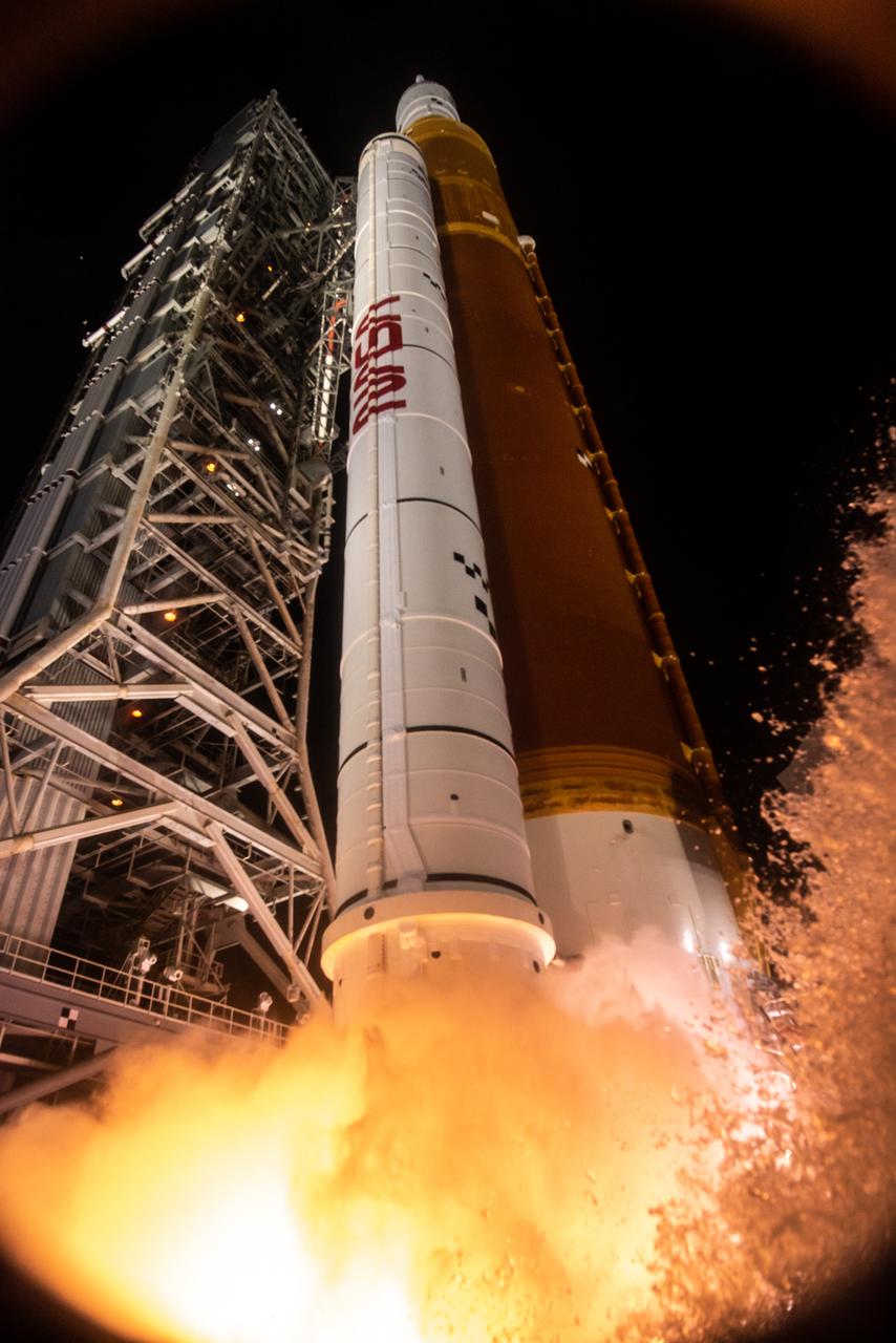 Liftoff! NASA’s Space Launch System carrying the Orion spacecraft lifts off the pad at Launch Complex 39B at the agency’s Kennedy Space Center in Florida at 1:47 a.m. EST on Nov. 16, 2022. The first in a series of increasingly complex missions, Artemis I will provide a foundation for human deep space exploration and demonstrate our commitment and capability to extend human presence to the Moon and beyond. The primary goal of Artemis I is to thoroughly test the integrated systems before crewed missions by operating the spacecraft in a deep space environment, testing Orion’s heat shield, and recovering the crew module after reentry, descent, and splashdown