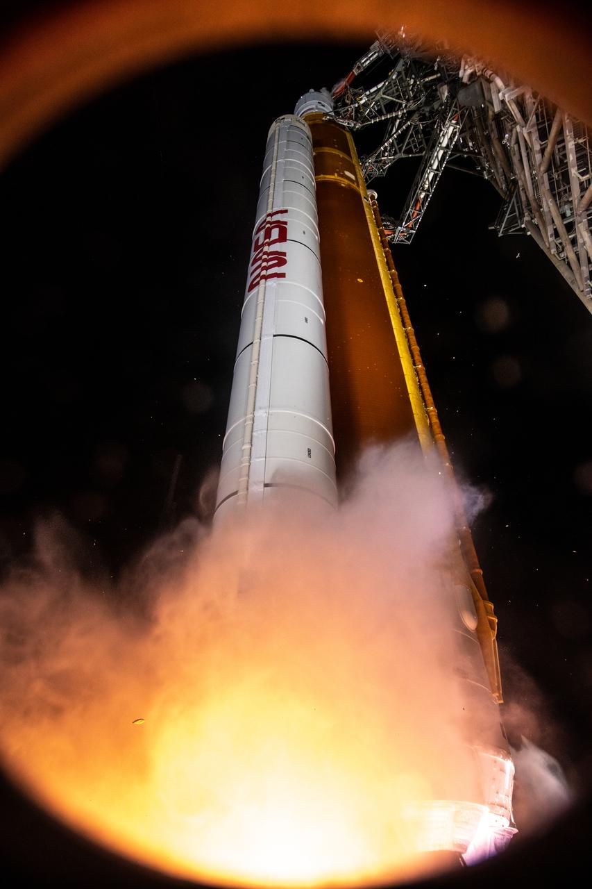 Liftoff! NASA’s Space Launch System carrying the Orion spacecraft lifts off the pad at Launch Complex 39B at the agency’s Kennedy Space Center in Florida at 1:47 a.m. EST on Nov. 16, 2022. The first in a series of increasingly complex missions, Artemis I will provide a foundation for human deep space exploration and demonstrate our commitment and capability to extend human presence to the Moon and beyond. The primary goal of Artemis I is to thoroughly test the integrated systems before crewed missions by operating the spacecraft in a deep space environment, testing Orion’s heat shield, and recovering the crew module after reentry, descent, and splashdown. 