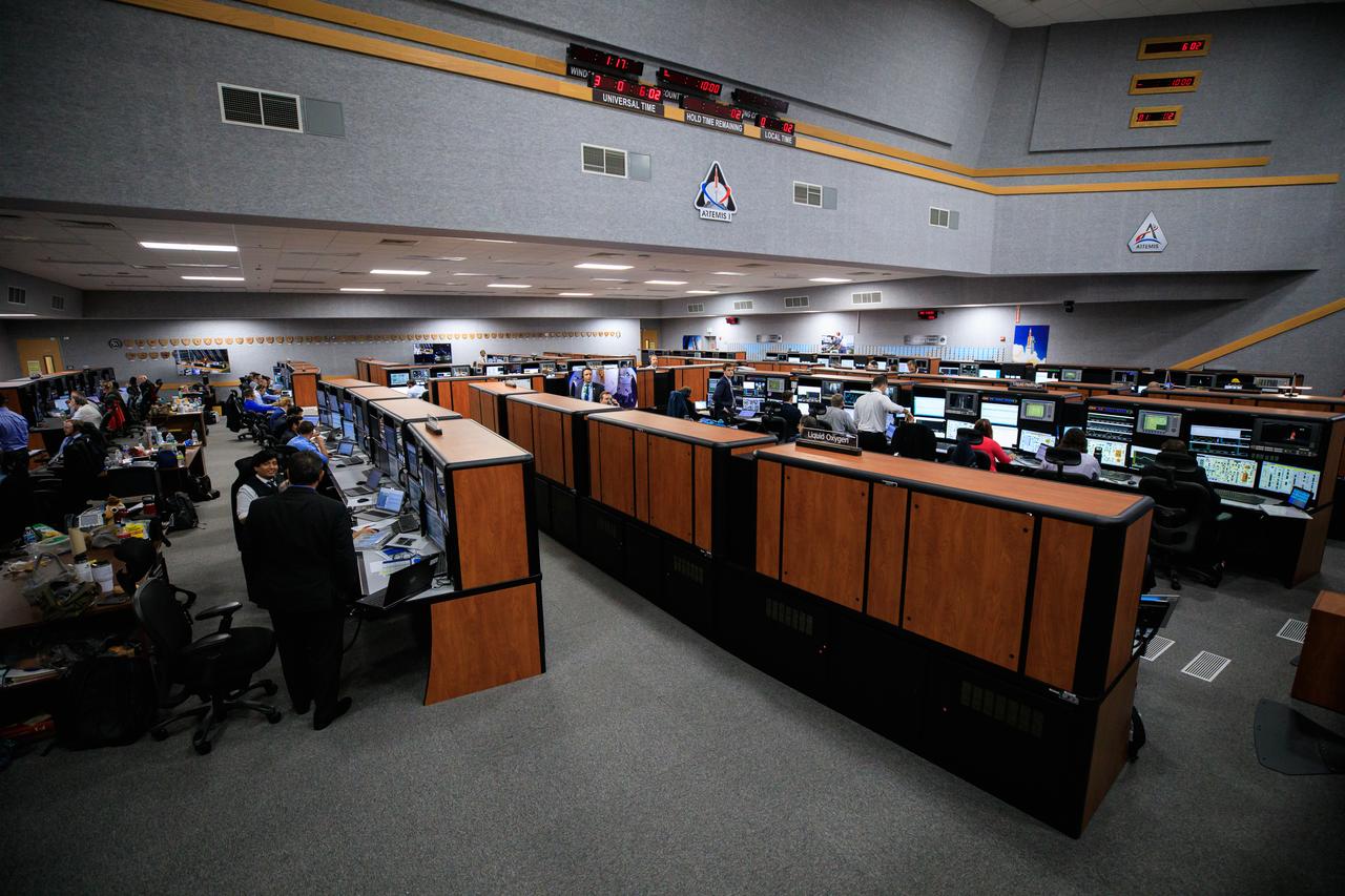 Artemis I launch team members are at their consoles in Launch Control Center Firing Room 1 at NASA’s Kennedy Space Center in Florida during countdown and liftoff of the agency’s Space Launch System and Orion spacecraft from Launch Complex 39B on Nov. 16, 2022. Liftoff was at 1:47 a.m. EST. The first in a series of increasingly complex missions, Artemis I will provide a foundation for human deep space exploration and demonstrate our commitment and capability to extend human presence to the Moon and beyond. The primary goal of Artemis I is to thoroughly test the integrated systems before crewed missions by operating the spacecraft in a deep space environment, testing Orion’s heat shield, and recovering the crew module after reentry, descent, and splashdown.