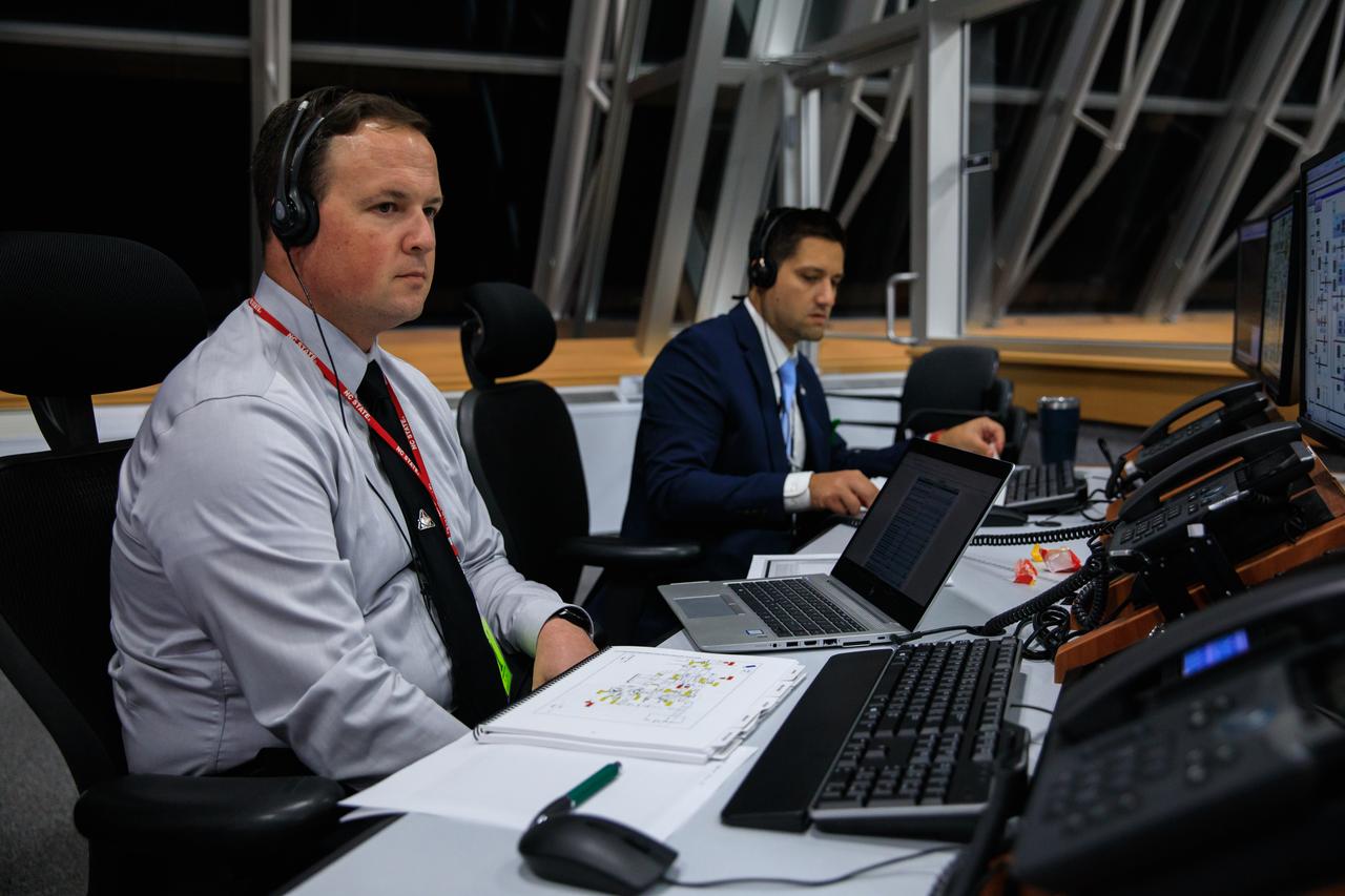 Wes Mosedale, at left, technical assistant to the launch director, and Dan Florez, NASA test director, monitor their consoles during countdown and liftoff of the agency’s Space Launch System and Orion spacecraft from Launch Complex 39B on Nov. 16, 2022. Liftoff was at 1:47 a.m. EST. The first in a series of increasingly complex missions, Artemis I will provide a foundation for human deep space exploration and demonstrate our commitment and capability to extend human presence to the Moon and beyond. The primary goal of Artemis I is to thoroughly test the integrated systems before crewed missions by operating the spacecraft in a deep space environment, testing Orion’s heat shield, and recovering the crew module after reentry, descent, and splashdown.