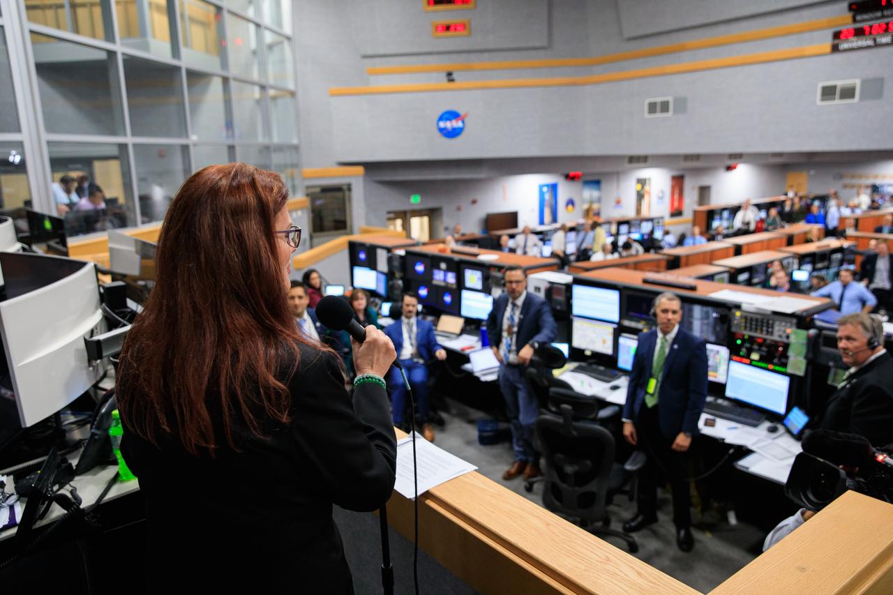Artemis I Launch Director Charlie Blackwell-Thompson congratulates the launch team after NASA’s Space Launch System and Orion spacecraft lift off from Launch Complex 39B at Kennedy Space Center in Florida on Nov. 16, 2022. Liftoff was at 1:47 a.m. EST. The first in a series of increasingly complex missions, Artemis I will provide a foundation for human deep space exploration and demonstrate our commitment and capability to extend human presence to the Moon and beyond. The primary goal of Artemis I is to thoroughly test the integrated systems before crewed missions by operating the spacecraft in a deep space environment, testing Orion’s heat shield, and recovering the crew module after reentry, descent, and splashdown.