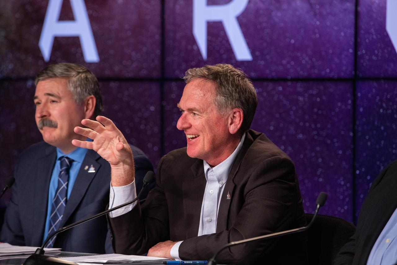 A postlaunch news conference is held on Nov. 16, 2022, at NASA’s Kennedy Space Center in Florida, after launch of Artemis I at 1:47 a.m. EST from Kennedy’s Launch Complex 39B. Participants were, from left, Mike Sarafin, Artemis mission manager, NASA Headquarters; and Mike Bolger, Exploration Ground Systems Program manager, Kennedy. Also participating were NASA Administrator Bill Nelson; John Honeycutt, Space Launch System Program manager, Marshall; Howard Hu, Orion Program manager, NASA’s Johnson Space Center; and Emily Nelson, chief flight director, Johnson. The first in a series of increasingly complex missions, Artemis I will provide a foundation for human deep space exploration and demonstrate our commitment and capability to extend human presence to the Moon and beyond. The primary goal of Artemis I is to thoroughly test the integrated systems before crewed missions by operating the spacecraft in a deep space environment, testing Orion’s heat shield, and recovering the crew module after reentry, descent, and splashdown.