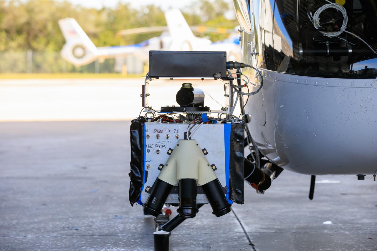Seen here is a close-up view of Intuitive Machines’ navigation pod sensors for the company’s Nova-C lunar lander ahead of testing done at NASA’s Kennedy Space Center in Florida on Nov. 18, 2022. The test involved flying the sensors over a simulated lunar surface at the Launch and Landing Facility on a private helicopter. Intuitive Machines is scheduled to launch two missions to the Moon in 2023 – one of which will carry NASA’s Mass Spectrometer observing lunar operations (MSolo) instrument that will help analyze the chemical makeup of landing sites on the Moon, as well as study water on the lunar surface. Through NASA’s Commercial Lunar Payload Services initiative, the agency selected Intuitive Machines to deliver science and technology demonstration payloads to the Moon, contributing to NASA’s goal of establishing a sustainable human presence on the lunar surface.