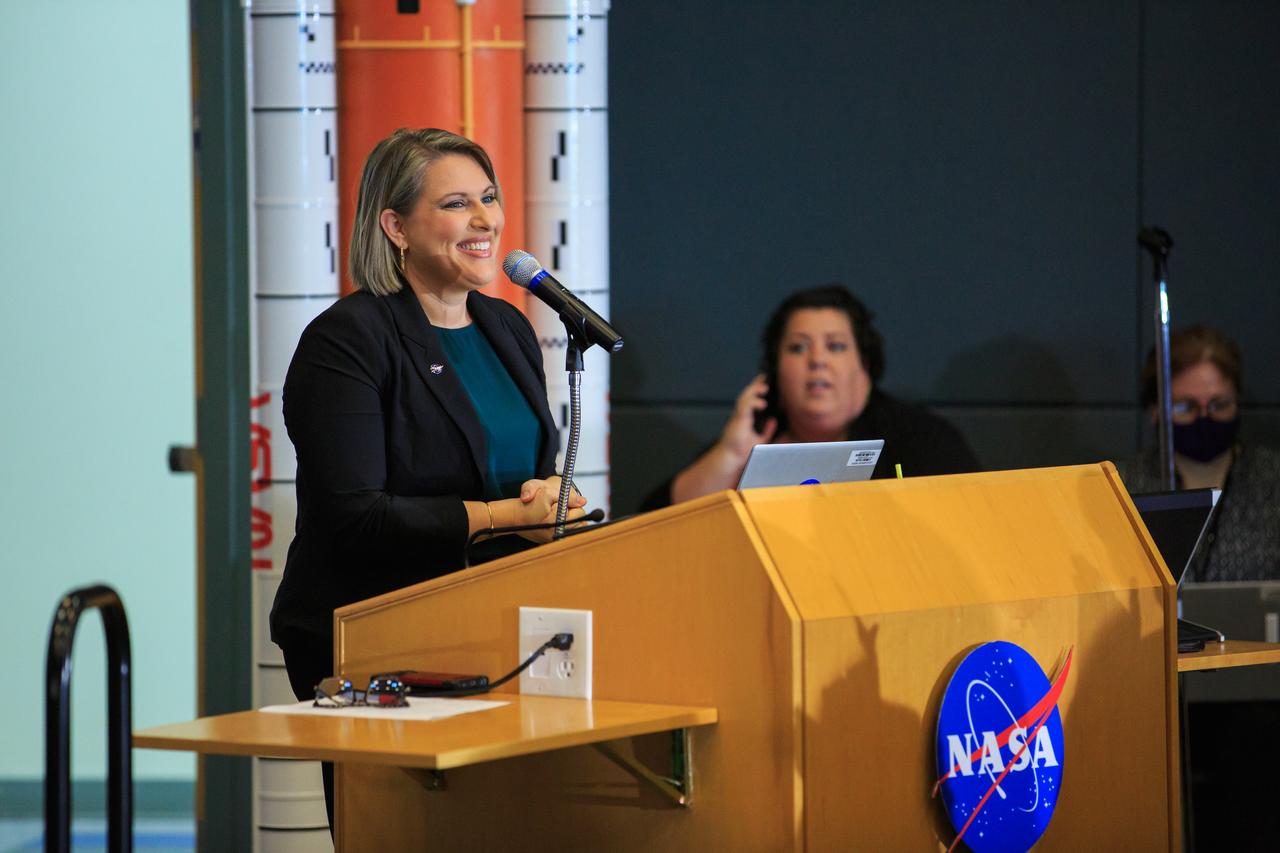Leah Martin, NASA Communications, moderates a town hall discussion on Nov. 29, 2022, at NASA’s Kennedy Space Center in Florida. Participants from the agency’s senior leadership team were Kennedy Space Center Director Janet Petro, NASA Deputy Administrator Pam Melroy; Kurt Vogel, director of NASA Space Architectures; Cathy Koerner, deputy associate administrator, Exploration Systems Development; and NASA Associate Administrator Bob Cabana. Discussion centered around NASA’s Moon to Mars objectives, Kennedy’s role in deep space exploration, and the path forward in the coming months and years. 