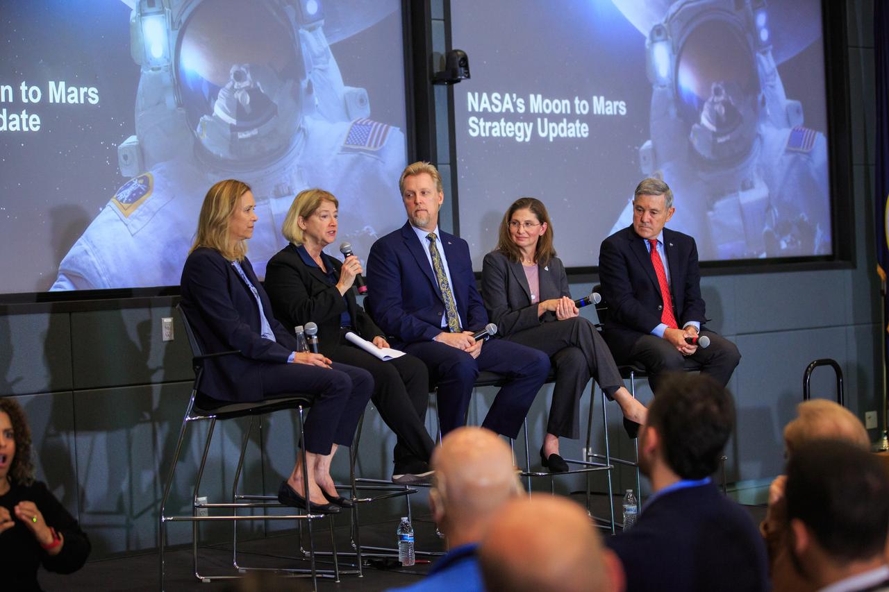 NASA senior leaders participate in a town hall discussion on Nov. 29, 2022, at the agency’s Kennedy Space Center in Florida. From left are Kennedy Center Director Janet Petro; NASA Deputy Administrator Pam Melroy; Kurt Vogel, director of NASA Space Architectures; Cathy Koerner, deputy associate administrator, Exploration Systems Development; and NASA Associate Administrator Bob Cabana. Discussion centered around NASA’s Moon to Mars objectives, Kennedy’s role in deep space exploration, and the path forward in the coming months and years.