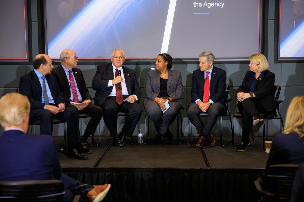 NASA senior leaders participate in a procurement discussion with employees on Nov. 29, 2022, at the agency’s Kennedy Space Center in Florida. The conversation focused on strengthening acquisition and program management within the agency. From left are David Mitchell, chief program management officer; Craig McArthur, OCFO/director for Strategic Investments Division; Scott Barber, associate general counsel for Acquisition Law; Karla Smith Jackson, assistant administrator for Procurement; NASA Associate Administrator Bob Cabana; and NASA Deputy Administrator Pam Melroy.