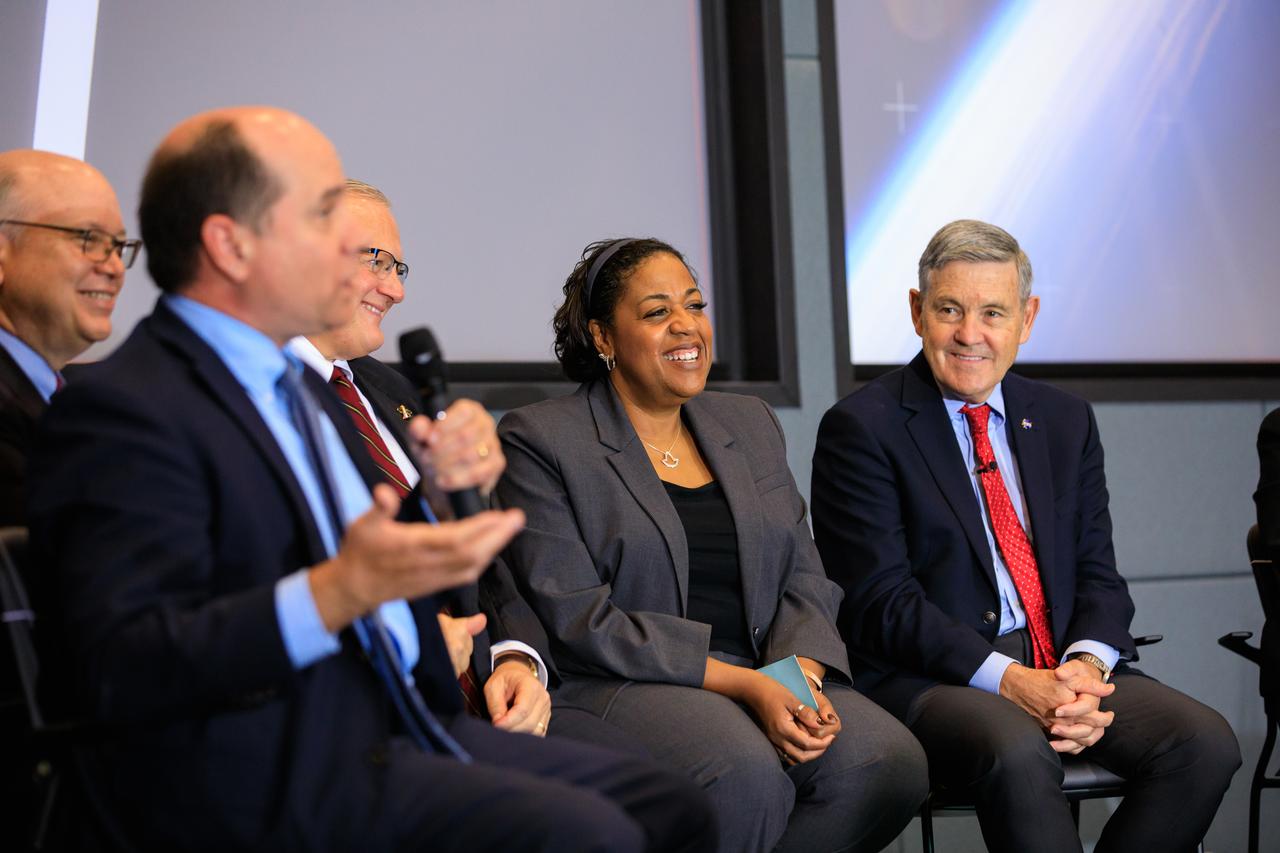 NASA senior leaders participate in a procurement discussion with employees on Nov. 29, 2022, at the agency’s Kennedy Space Center in Florida. The conversation focused on strengthening acquisition and program management within the agency. From left are David Mitchell, chief program management officer; Craig McArthur, (in view behind Mitchell) OCFO/director for Strategic Investments Division; Scott Barber, associate general counsel for Acquisition Law; Karla Smith Jackson, assistant administrator for Procurement; and NASA Associate Administrator Bob Cabana. Also participating, but not pictured, is NASA Deputy Administrator Pam Melroy. 