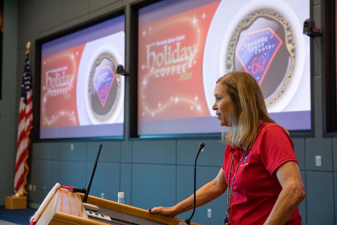 Kennedy Space Center Director Janet Petro speaks during the 2022 Center Director’s Holiday Coffee, on Dec. 7, 2022, at NASA’s Kennedy Space Center in Florida. The annual holiday event is an opportunity for Kennedy employees and NASA retirees to exchange holiday greetings with center leaders and fellow support staff.
