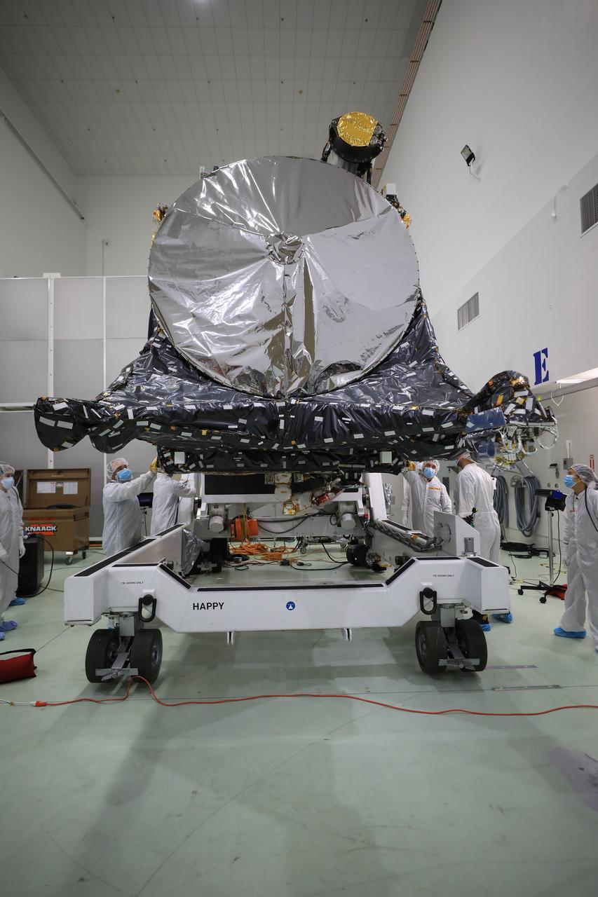A team prepares NASA’s Psyche spacecraft for launch inside the Astrotech Space Operations Facility near the agency’s Kennedy Space Center in Florida on Dec. 8, 2022. Psyche will launch atop a SpaceX Falcon Heavy rocket from Launch Complex 39A at Kennedy. Launch is targeted for no earlier than Oct. 10, 2023. The spacecraft will use solar-electric propulsion to travel approximately 1.5 billion miles to rendezvous with its namesake asteroid in 2026. The Psyche mission is led by Arizona State University. NASA’s Jet Propulsion Laboratory, which is managed for the agency by Caltech in Pasadena, California, is responsible for the mission’s overall management, system engineering, integration and testing, and mission operations. Maxar Technologies in Palo Alto, California, provided the high-power solar electric propulsion spacecraft chassis. NASA’s Launch Services Program (LSP), based at Kennedy, is managing the launch.