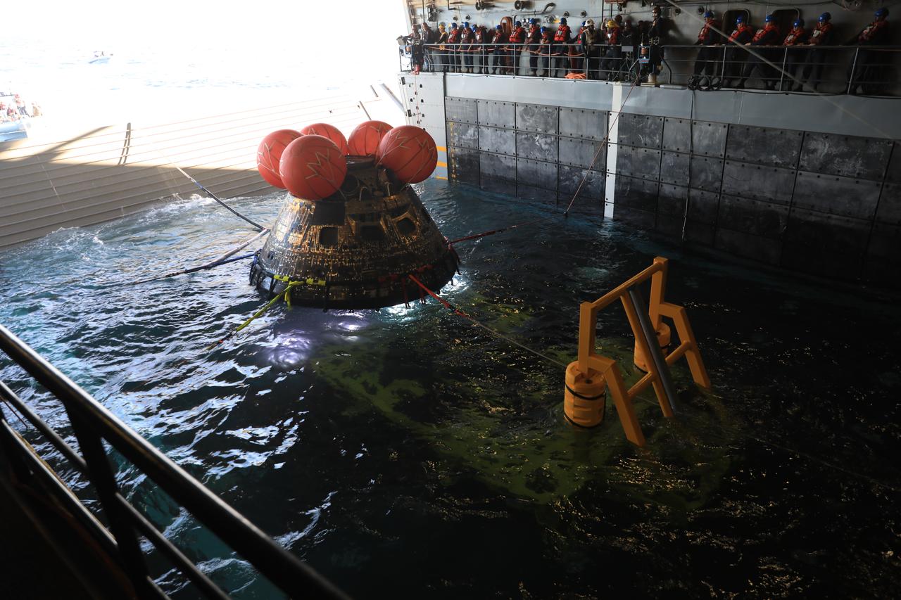 NASA’s Orion spacecraft for the Artemis I mission was successfully recovered inside the well deck of the USS Portland on Dec. 11, 2022 off the coast of Baja California. After launching atop the Space Launch System rocket on Nov. 16, 2022 from the agency’s Kennedy Space Center in Florida, Orion spent 25.5 days in space before returning to Earth, completing the Artemis I mission.