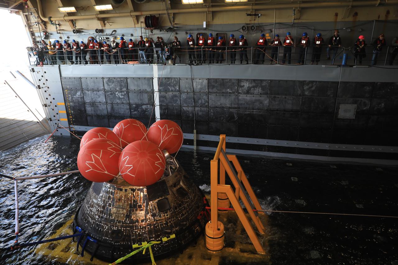 NASA’s Orion spacecraft for the Artemis I mission was successfully recovered inside the well deck of the USS Portland on Dec. 11, 2022 off the coast of Baja California. After launching atop the Space Launch System rocket on Nov. 16, 2022 from the agency’s Kennedy Space Center in Florida, Orion spent 25.5 days in space before returning to Earth, completing the Artemis I mission.