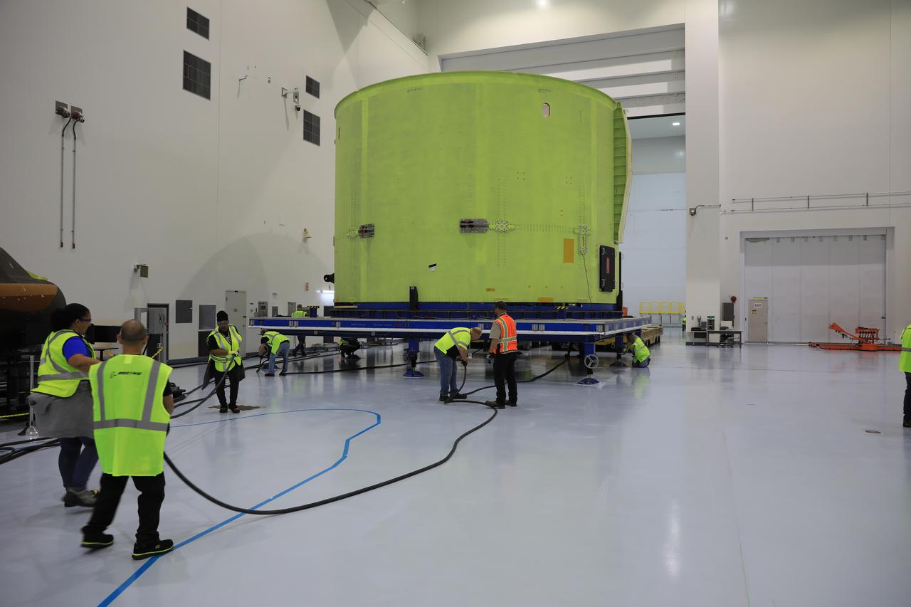 The engine section of the Space Launch System rocket’s core stage for NASA’s Artemis III mission arrives at the Space Station Processing Facility (SSPF) at NASA’s Kennedy Space Center in Florida on Dec. 15, 2022. The section was shipped from Michoud Assembly Facility in New Orleans on Dec. 10, 2022 aboard the Pegasus barge, was offloaded, and transferred to the SSPF. Teams will begin processing operations ahead of final integration in the Vehicle Assembly Building. Artemis III will send astronauts, including the first woman and first person of color, on a mission aboard the Orion spacecraft to the surface of the Moon. 