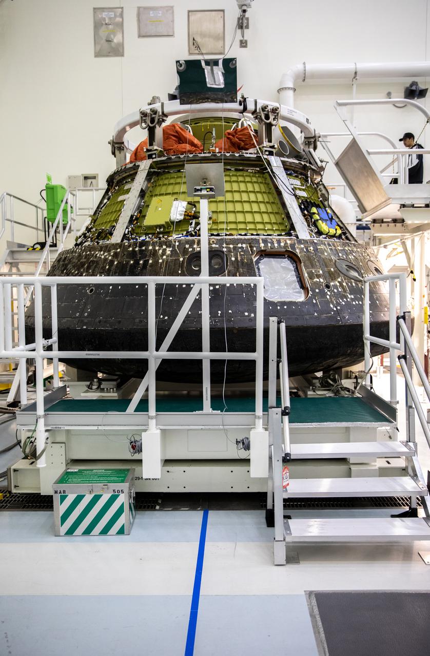 NASA’s Artemis I Orion capsule is secured on a platform inside the Multi-Payload Processing Facility (MPPF) at Kennedy Space Center in Florida on Jan. 6, 2023. Orion splashed down in the Pacific Ocean at 12:40 p.m. EST on Dec. 11, 2022. The spacecraft was secured inside the well deck of the USS Portland for the voyage to U.S. Naval Base Sand Diego, arriving on Dec. 13, 2022. Orion was offloaded and transported back to Kennedy for deservicing inside the MPPF. Orion launched atop the Space Launch System rocket on Nov. 16, 2022 at 1:47 a.m. EST from Kennedy’s Launch Complex 39B for a 25-day trip beyond the Moon and back. During the flight, Orion flew farther than any human-rated spacecraft has ever flown, paving the way for human deep space exploration and demonstrating NASA’s commitment and capability to extend human presence to the Moon and beyond. 